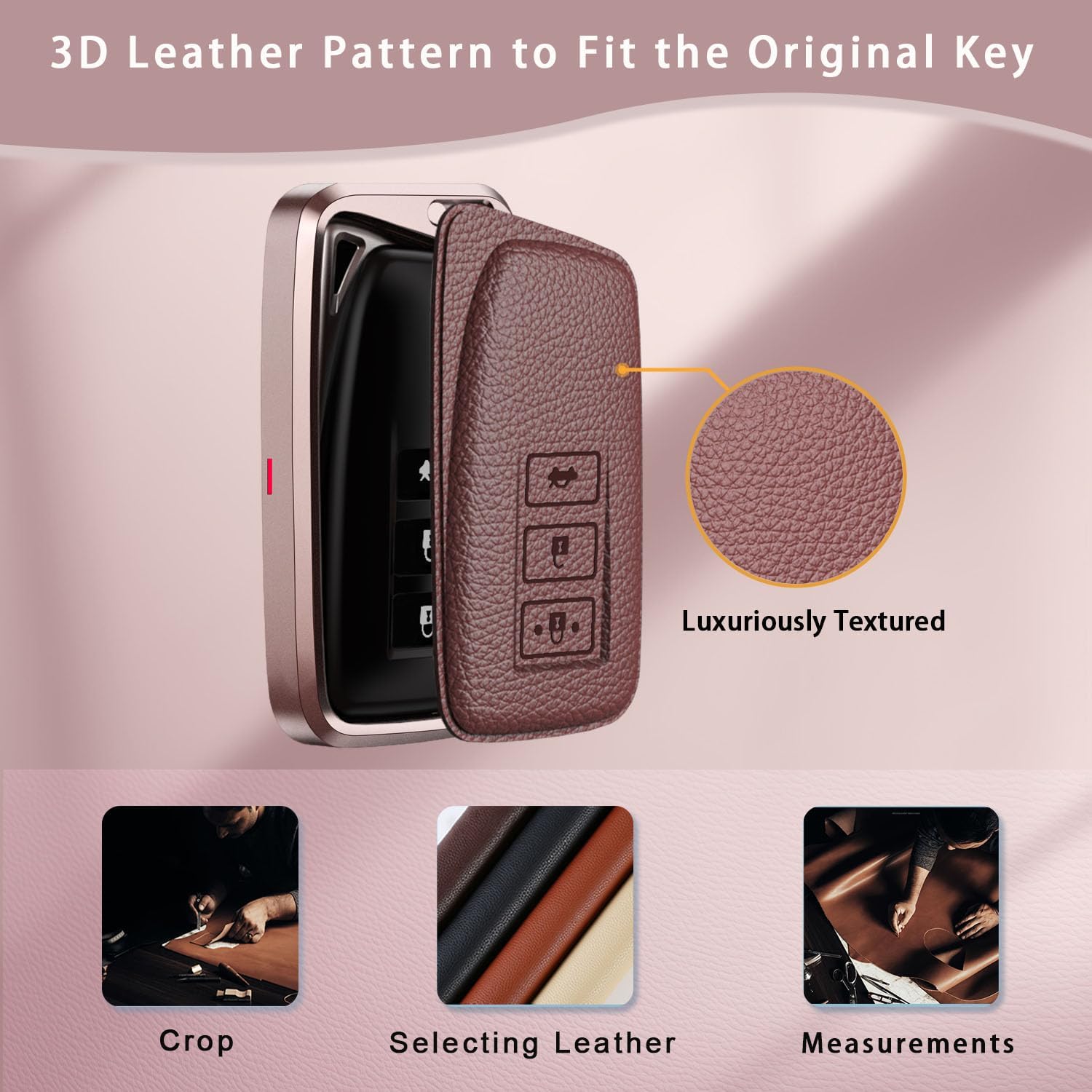 for Lexus Key Fob Cover Case, Premium Aluminum and Leather Protector with Keychain Fits for Lexus RX ES NX LS is Key Remote 2010-2014 (C-Rose Gold) - Image 4