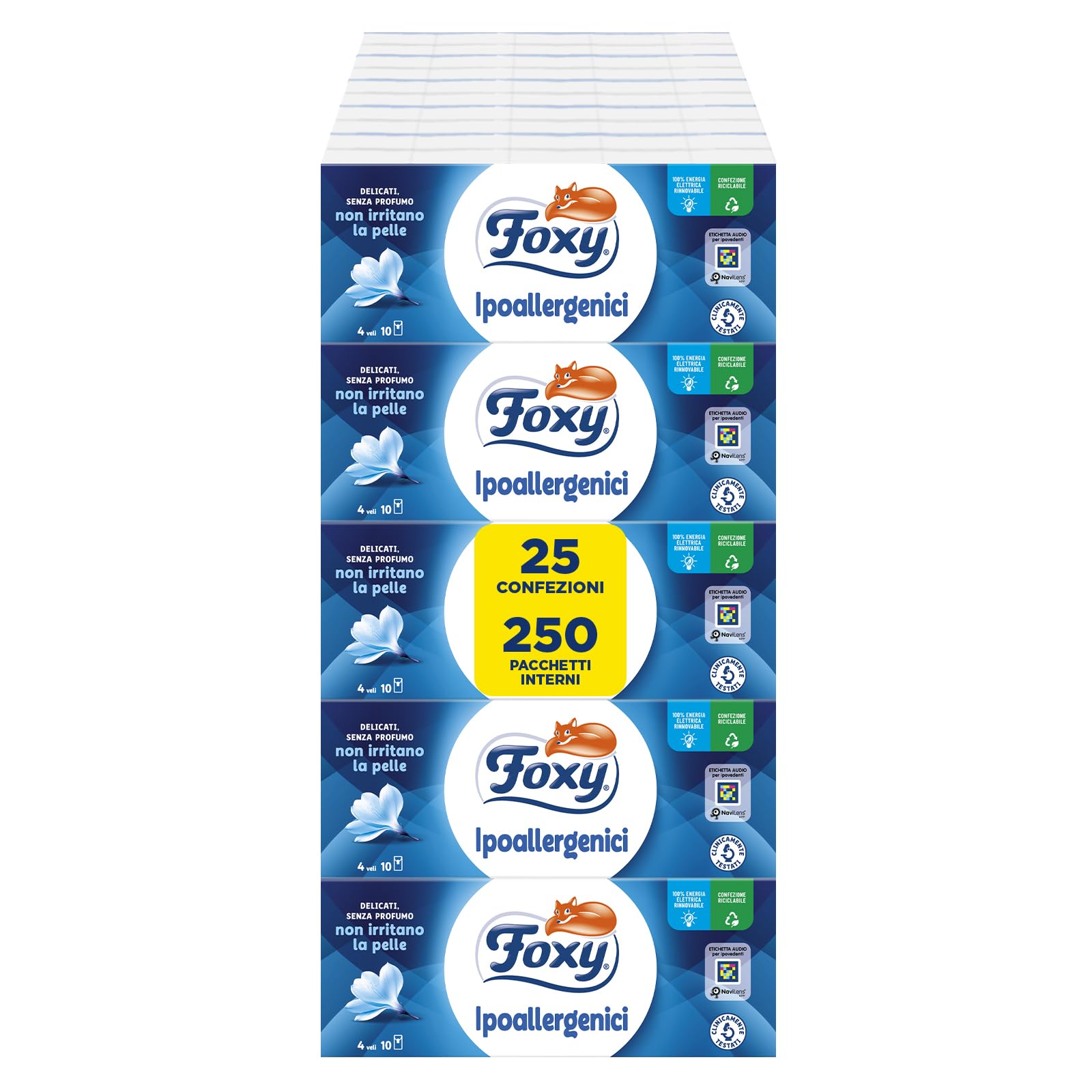 Foxy Fazzoletti di Carta Tascabili Ipoallergenici 4 Veli 25 Confezioni da 10 Pacchetti Cellulosa Certificazione FSC Confezione Riciclabile, Energia Elettrica Rinnovabile