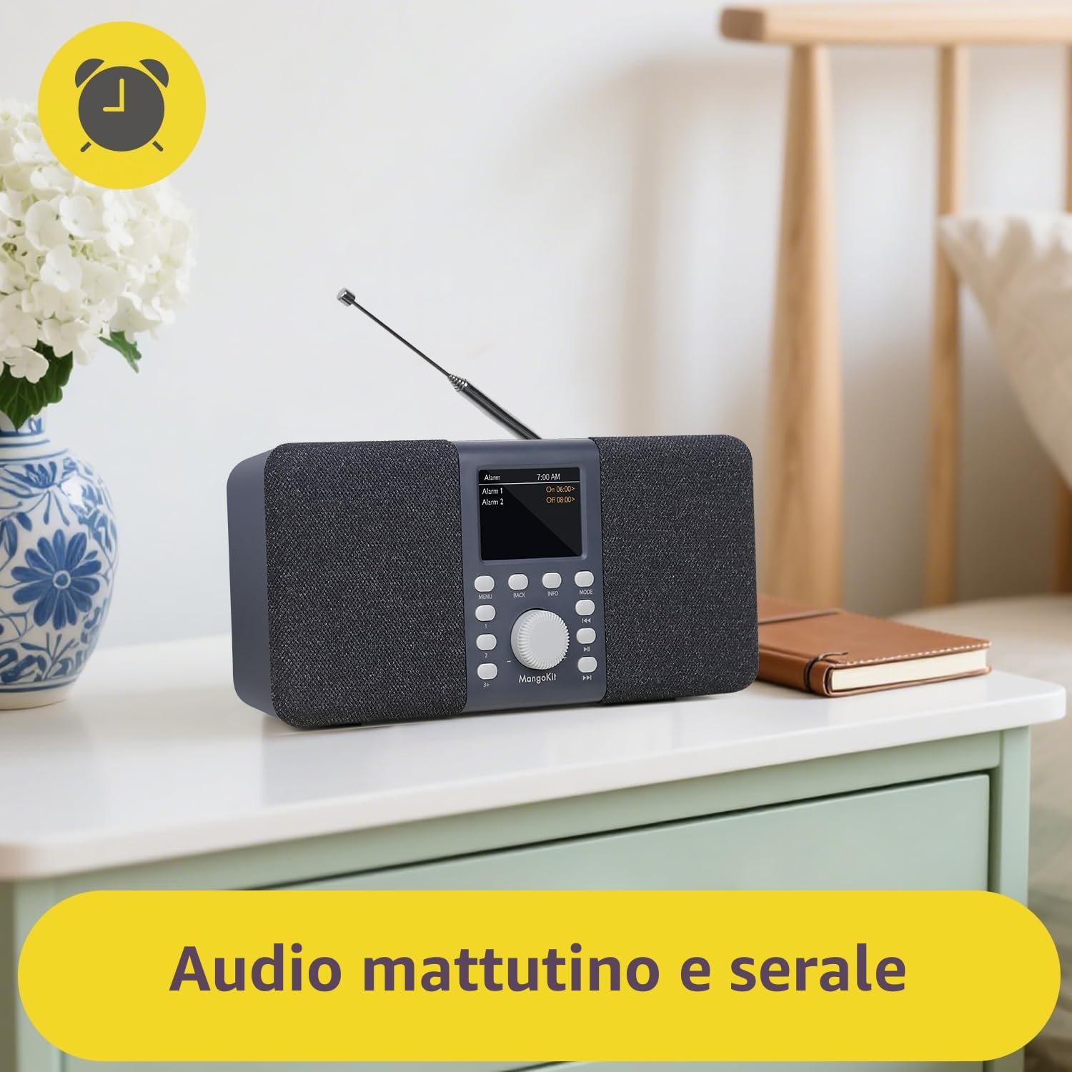 MD5 DAB stereo con altoparlante Bluetooth,digitale DAB+,radio FM da alimentata a rete e a batteria,display a colori,40stazioni preimpostate,sveglia e orologio,Snooze,porta cuffie-grigio scuro