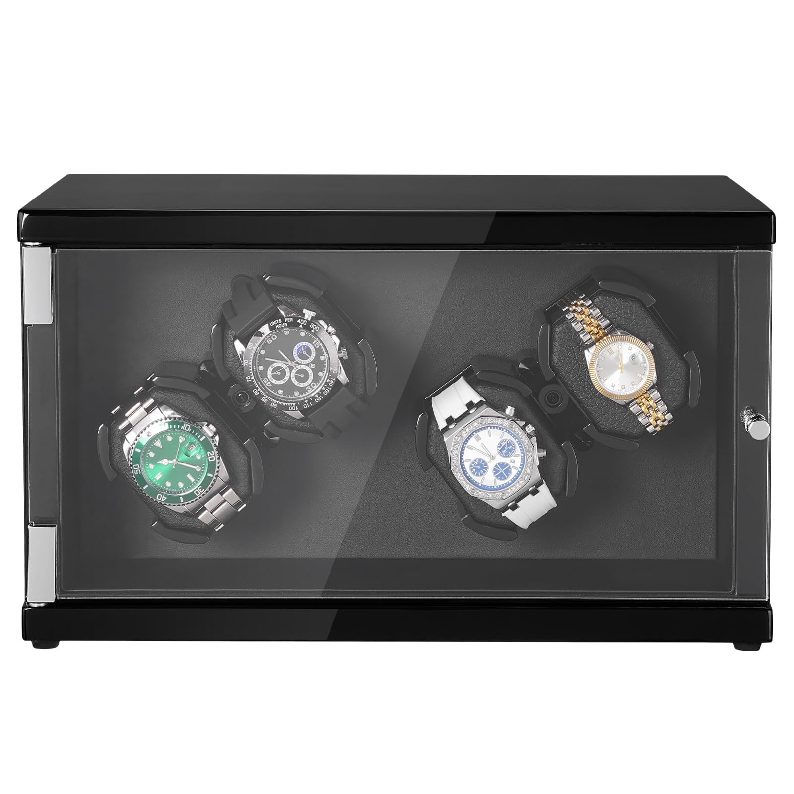 VEVOR Caricaorologi, Caricaorologi per 4 orologi automatici da uomo e da donna, con 2 motori giapponesi super silenziosi, luce LED blu e adattatore, guscio ad alta densità e PU nero