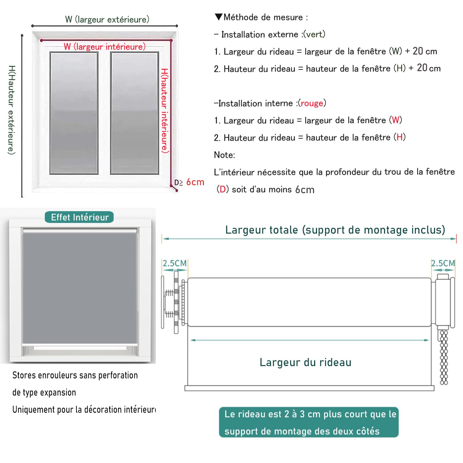 Stores Occultants Thermique,sans Perçage,Stores Enrouleurs en Tissu Polyester Gris Foncé,Rideaux Protection de Vie Privée,pour Fenêtre,Personnalisé,Largeur x Hauteur (130cm x 300cm)
