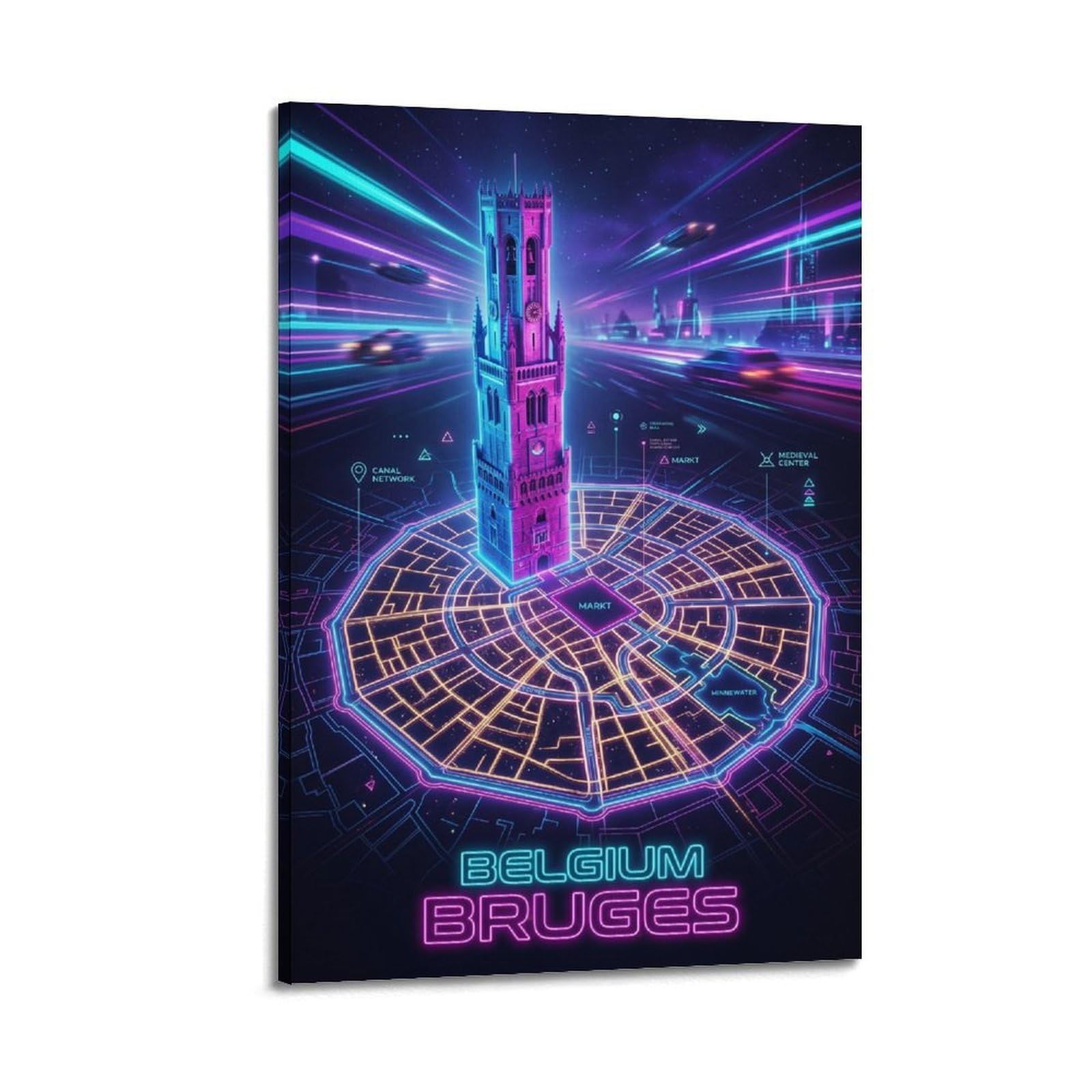XKUGA Bruges Belgium Neon City Synthwave Map Poster Modern Decorative Canvas Prints - Ideal Wall Art for Family, Man Cave, Game Room, Boys & Girls Bedroom 24x36inch(60x90cm)