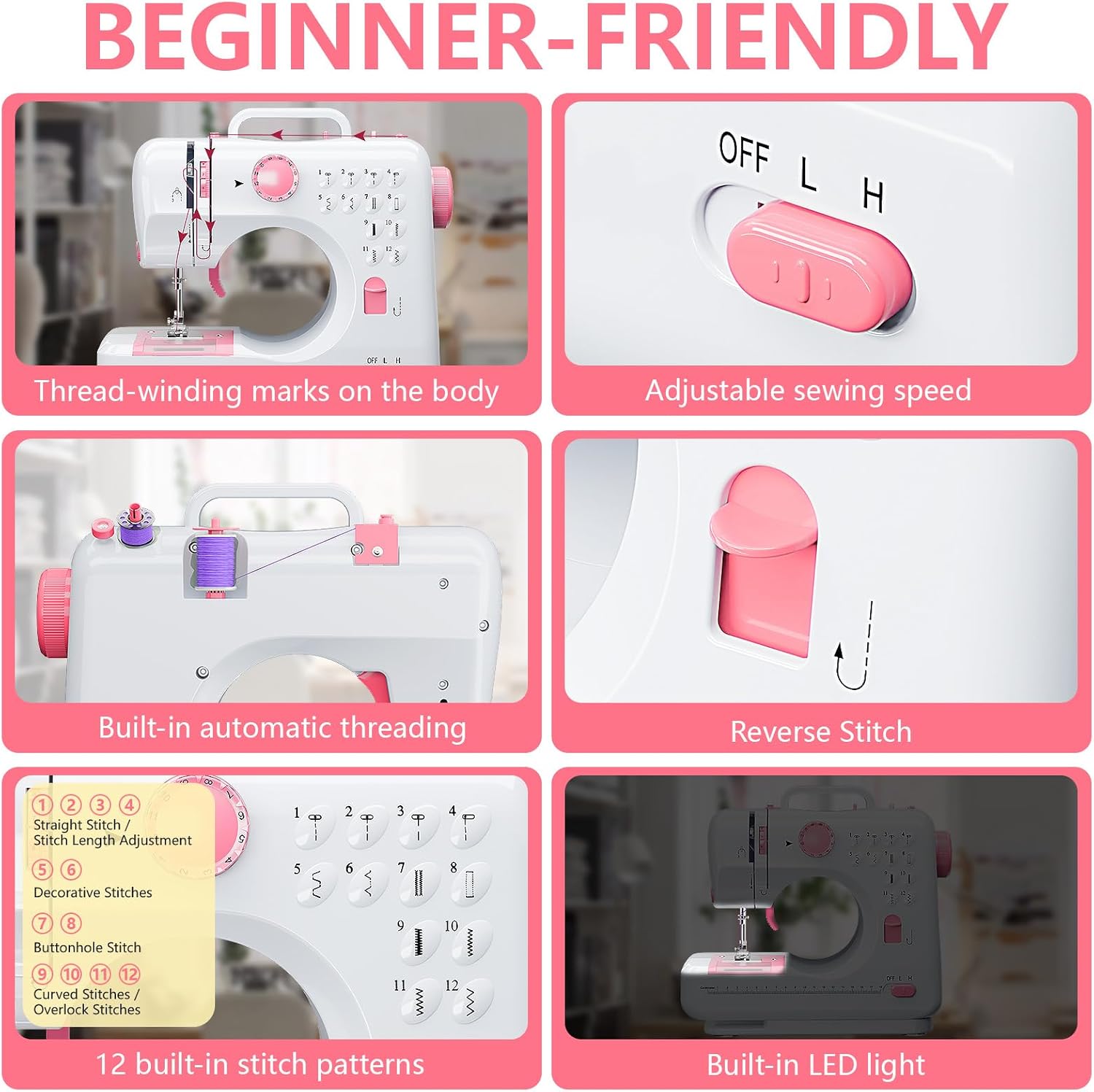 Portable Sewing Machine for Beginners, Small Easy to Use with 12 Built in Stitches, Reverse Stitching, Extension Table, LED Light, 32 Color Thread Kit for Home Mending, Crafts, Kids and Adults, Pink