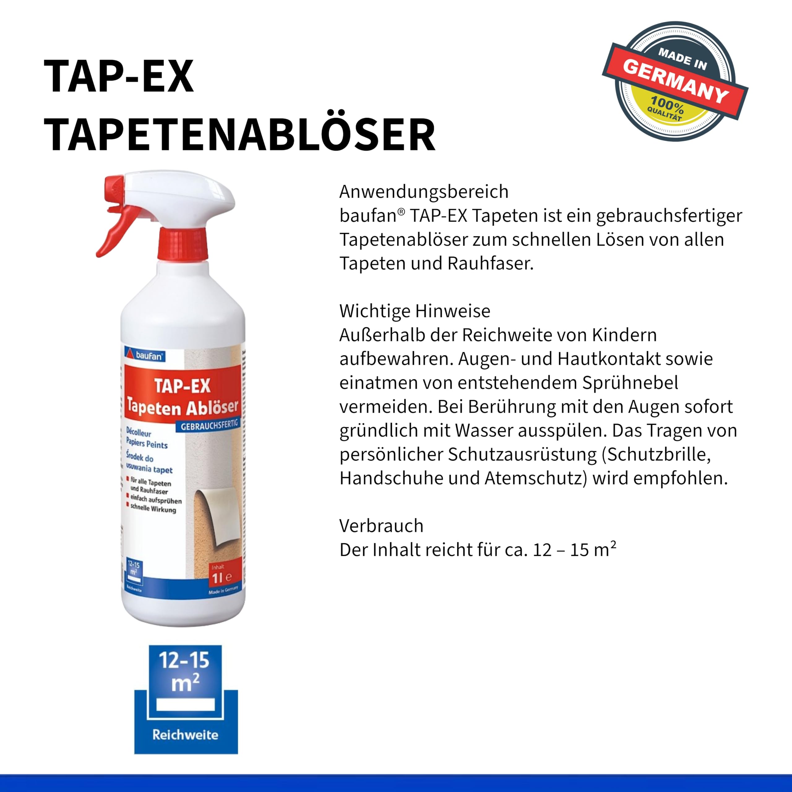 Baufan TAP-EX - Eliminador de papel pintado, 1 L, muy eficaz para todos los papeles pintados y fibras ásperas, sin disolventes, con fuertes propiedades de solución
