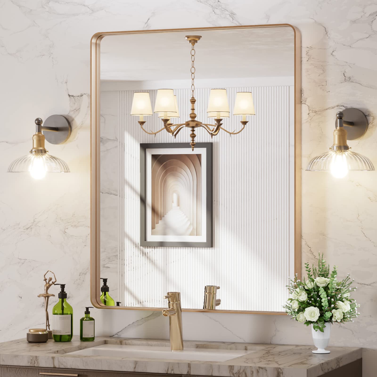 LOAAO 28”X36” Gold Bathroom Mirror, Rounded Rectangle Gold Frame Mirror, Brushed Gold Bathroom Vanity Mirror Wall-Mounted, Anti-Rust, Tempered Glass, Hangs Horizontally or Vertically