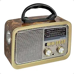 Rádio Am Fm Retro Vintage Recarregável Bivolt Pilha Tomada e Bateria Lanterna (Marrom madeira)