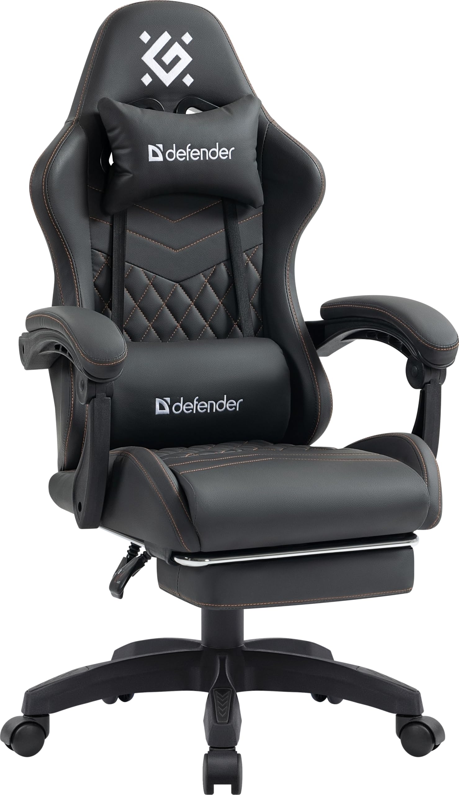 Defender® Gaming Stuhl, Ergonomischer PC Stuhl, bequemer Bürostuhl für Home Office oder Gamer-Sessel, Kopfkissen, Höhenverstellbar, Computerstuhl, PVC-Leder, Schwarz