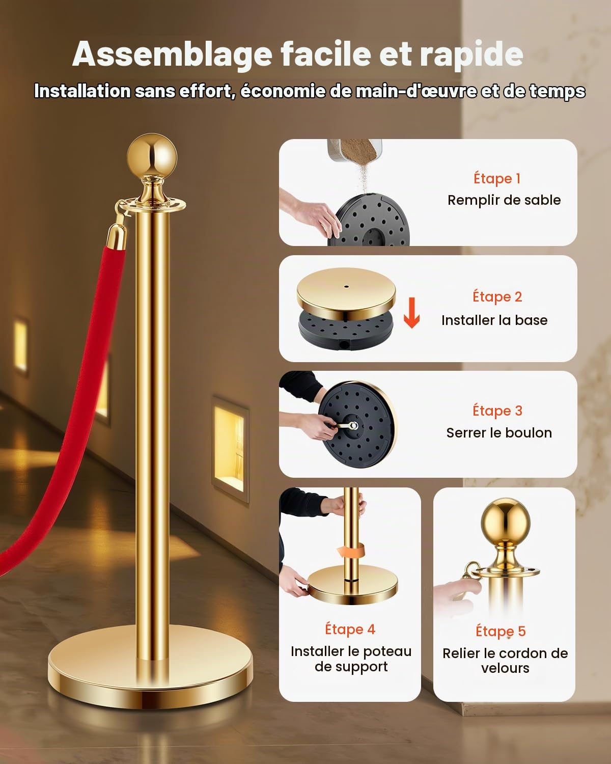 VEVOR Poteau de guidage, 8 pcs, barrière de balisage pour contrôle de foules, avec base creuse, 6 cordes velours rouge et poteaux dorés en acier inoxydable, pour file d'attente en public, hôtel, fête