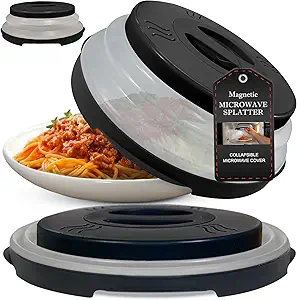 High Power Magnetic Microwave Splatter Cover with strongest magnetic grip, Collapsible 12-Inch BPA-Free Food Lid, Vented Plate Guard, Dishwasher Safe, Space-Saving Magnetic Storage - Black