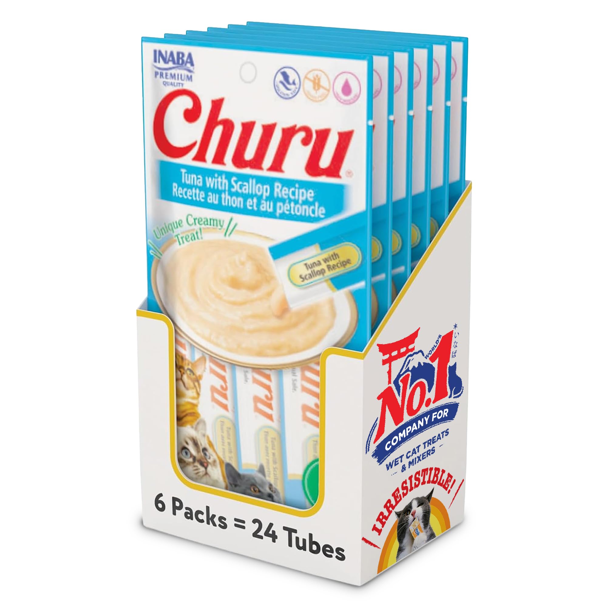 INABA Churu Cat Treats, Lickable, Squeezable Creamy Purée Cat Treat with Green Tea Extract &amp; Taurine, 0.5 Ounces Each Tube, 24 Tubes (4 per Pack), Tuna with Scallop Recipe