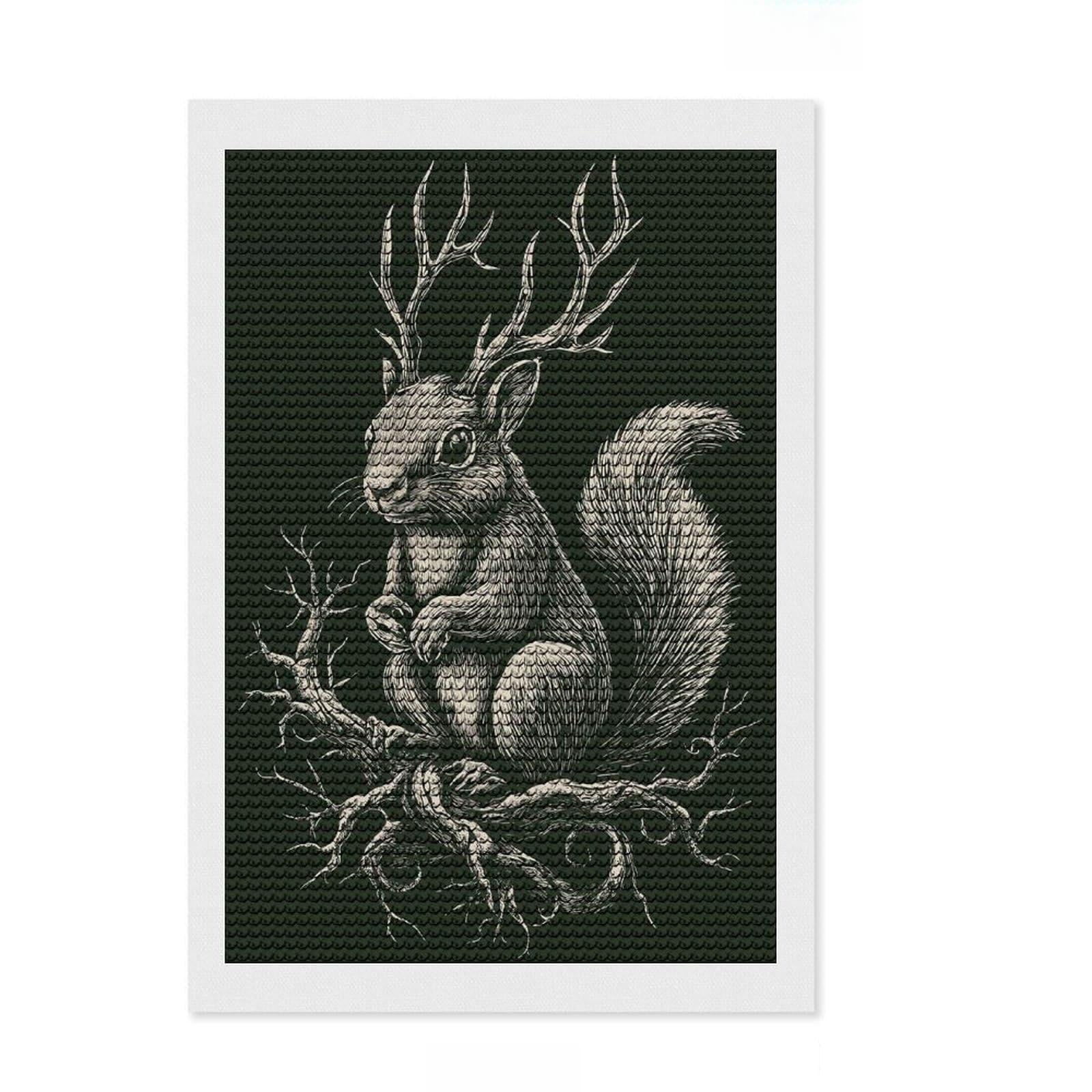 Junmoney Gothic Squirrel with Antlers DIY Diamond Art Canvas Kit 8"x12", Easy to Enjoy, Easy Handmade Project, Cosy Home Accent, Festive Craft Gift