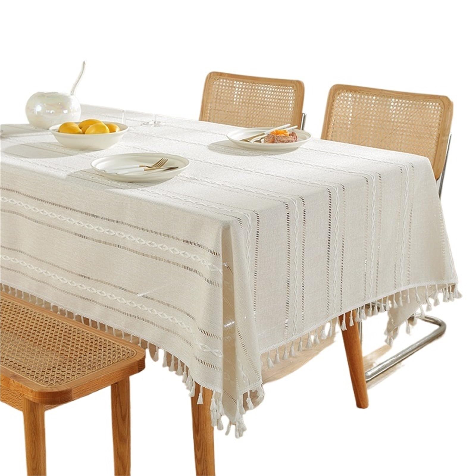 FonHNDG Striped Tablecloth Rustic Embroidery Table Cloth, Cotton Linen Stripe Tassel Tablecloth Antifouling Dust Proof Cover For Kitchen Dining Decor(White,90x140cm)