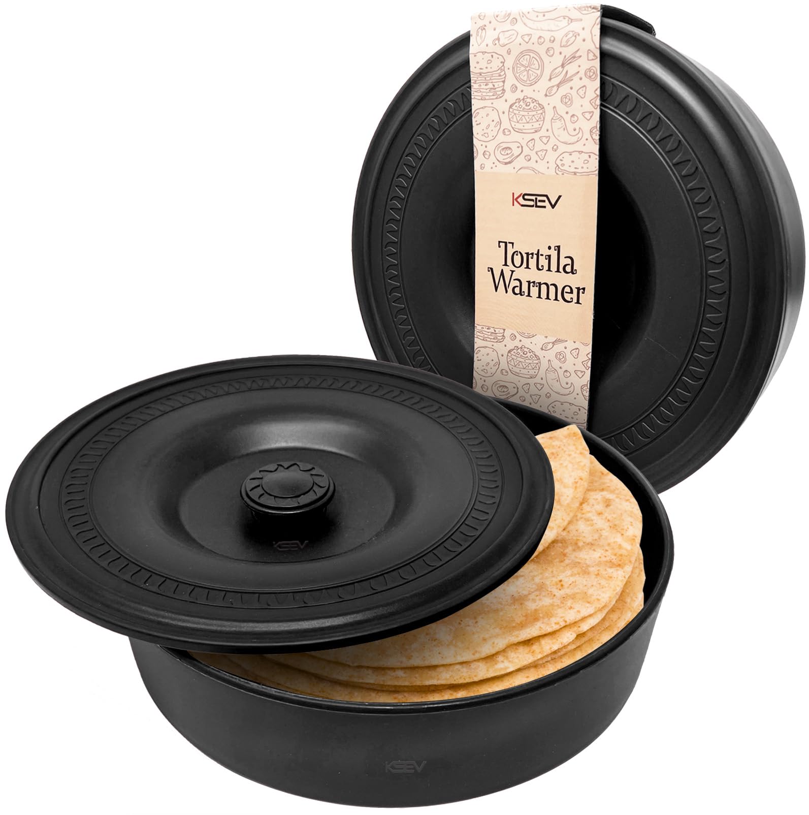 Tortilla Warmer (9" x 3.1"-Inch) Insulated Container with Lid, Fits up to 20 Tortillas, BPA FREE Microwave & Dishwasher Safe Holder Box For Torilla, Taco, Chapati, Flat Breads (1 Pack - Black)