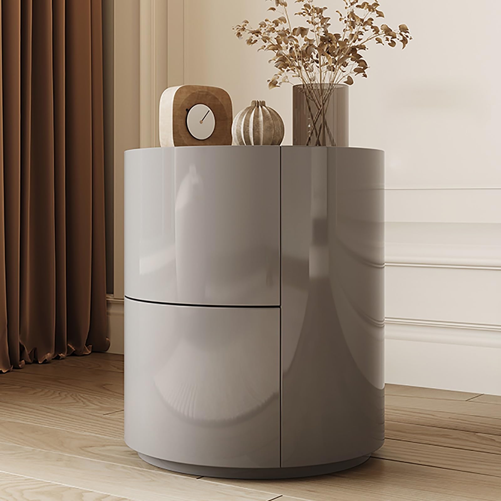 Table de chevet ronde bois massif gris, un meuble d'exception à 2 tiroirs