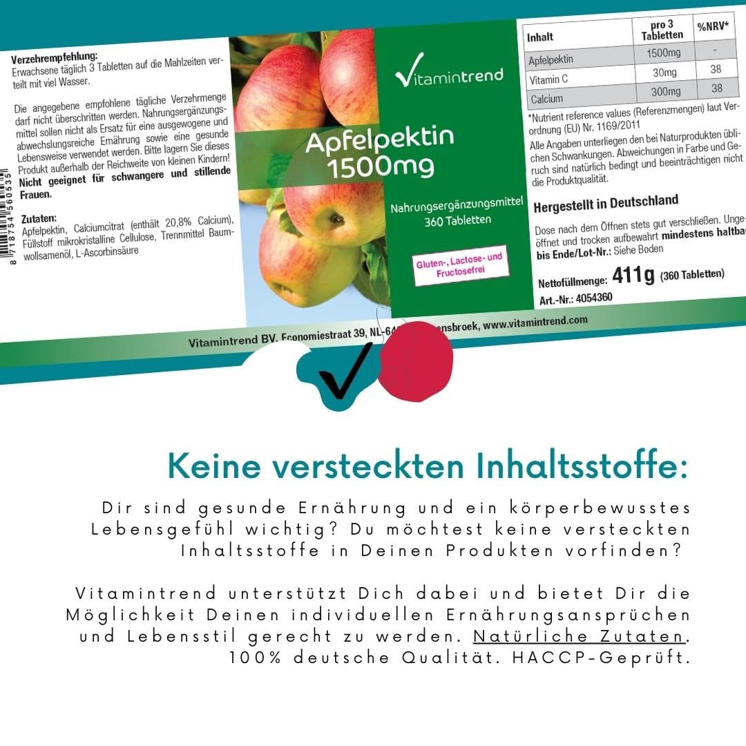 Vitamintrend Apfelpektin 1500mg pro Tagesdosis, 360 Filmtabletten, mit Calcium und Vitamin C, veganes Nahrungsergänzungsmittel ohne Zusätze, in Deutschland hergestellt