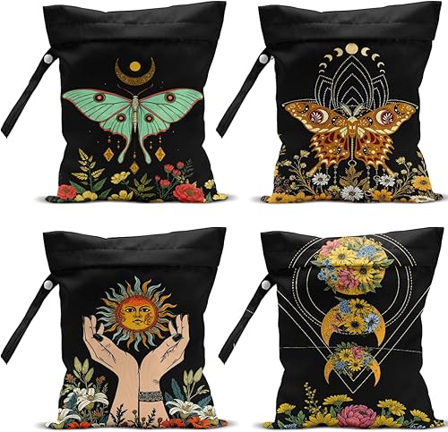 Miniatura 10 de Paquete de 4 bolsas húmedas bohemias para regalo de bruja, impermeable, reutilizable, para traje de baño, pañal, sol, luna, estrella, mariposa,