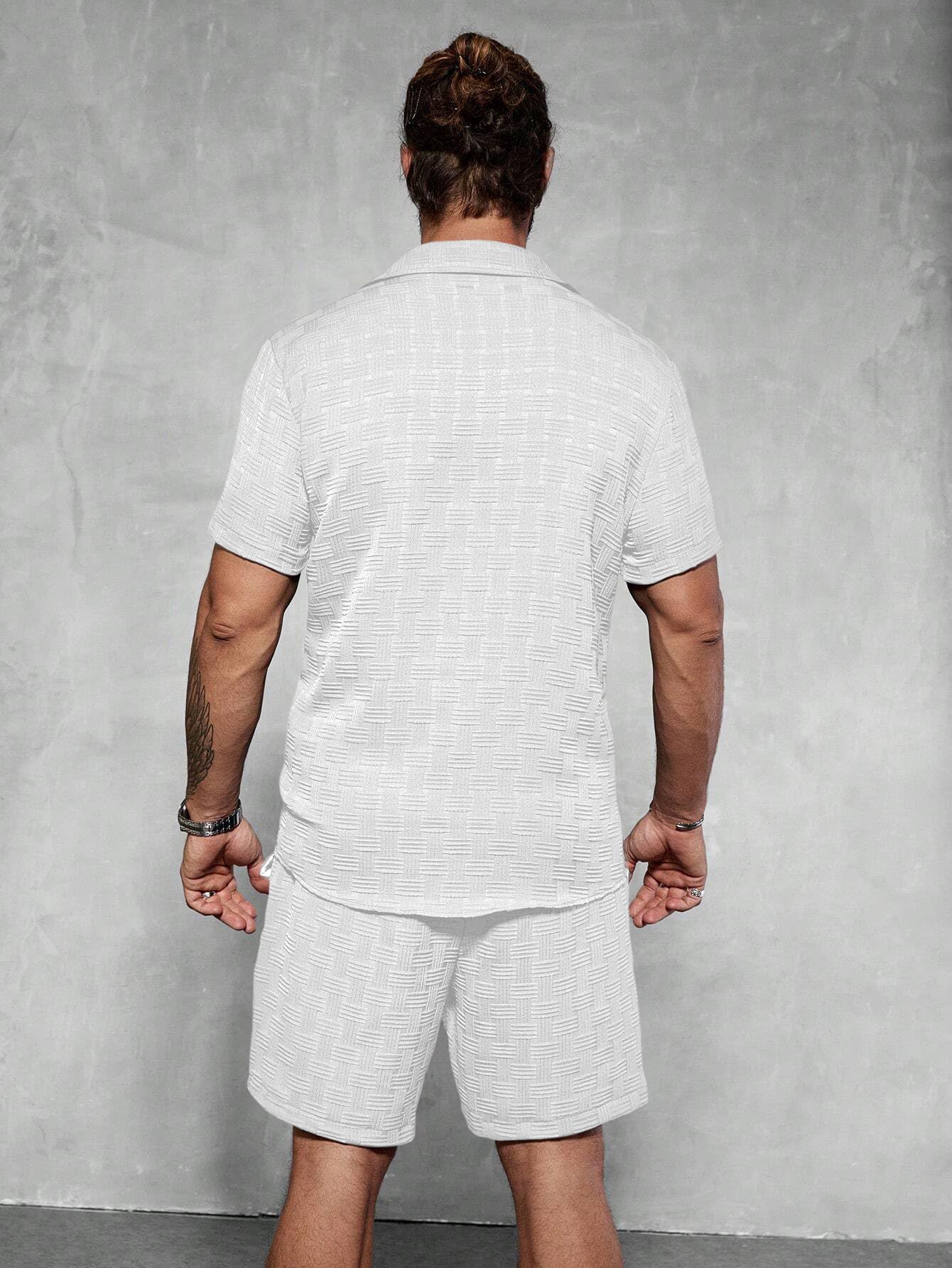 GRECIILOOKS Tenue décontractée 2 pièces pour homme, chemise boutonnée et short, tissu léger en polyester mélangé pour la plage, les voyages, le salon, blanc, taille L