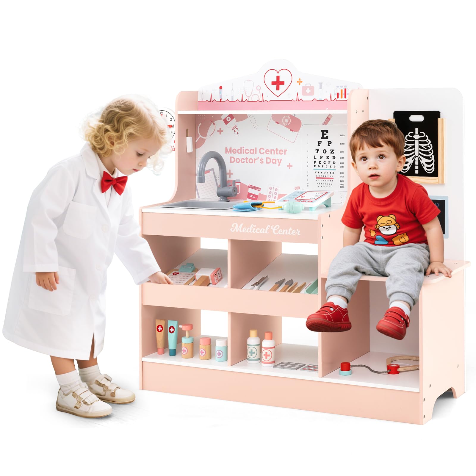 HOMASIS Médico Infantil de Madera, Kids Juego de rol para Doctora con Lavabo, Examen de La Vista, Electrocardiograma, Reloj y Radiografía, para Niños a Partir de 3 Años (Rosa)
