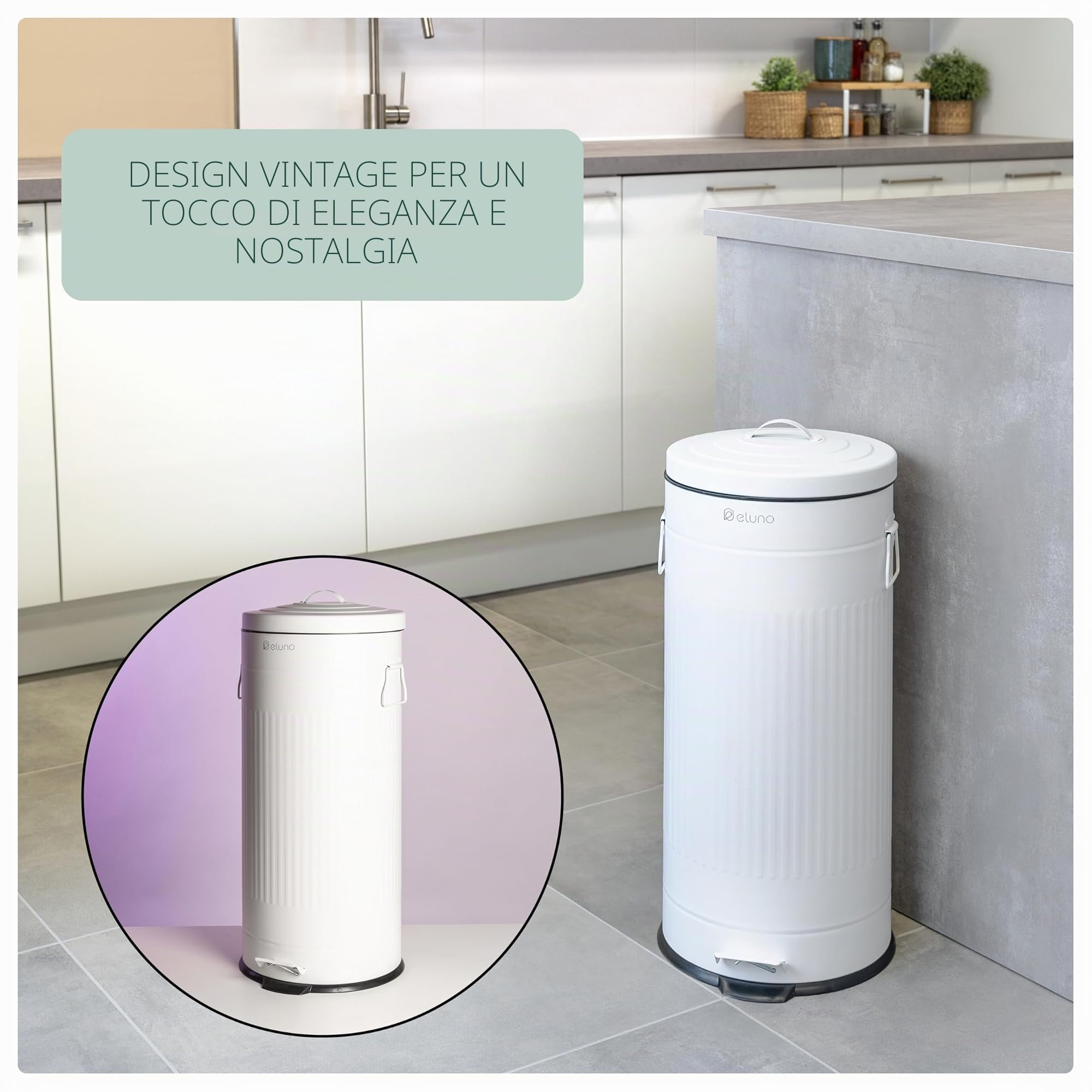 eluno Pattumiera vintage, pattumiera a pedale, da cucina, 30 litri, con secchio interno in plastica rimovibile (Bianco)