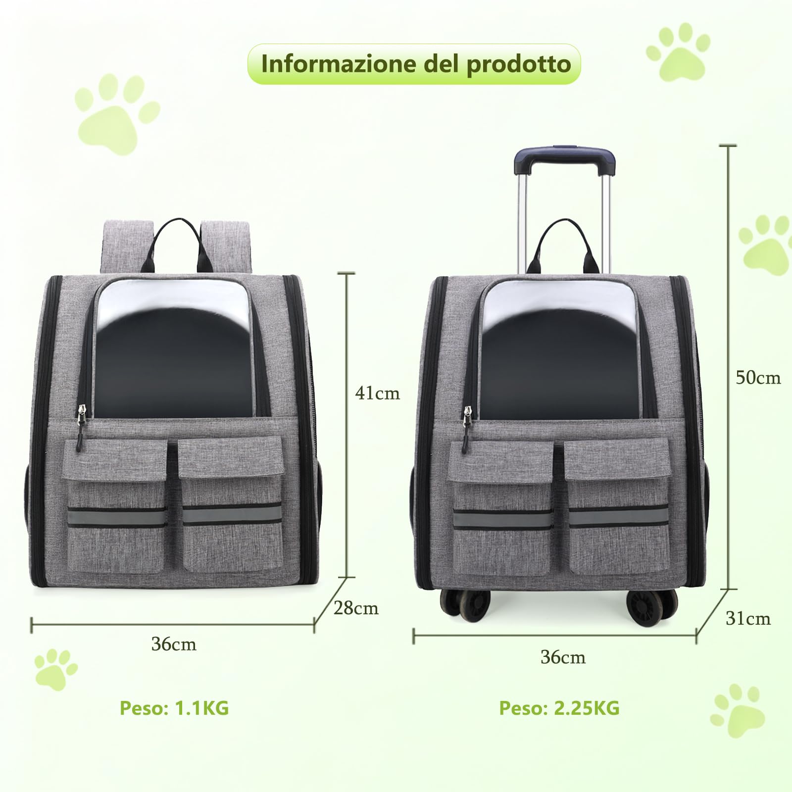 Trasportino Gatto con Ruote Pieghevole Portatile per Cani Piccoli Gatti Medi Grigio