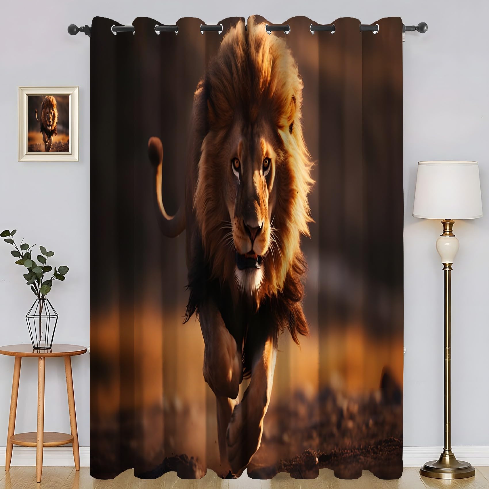 Genérico Dekoracyjne Zasłony Brązowy Lew - Nieprzezroczyste Termiczne 2 sztuki 140x145cm, izolowane zimno/ciepło do salonu i sypialni z pierścieniami SA1557