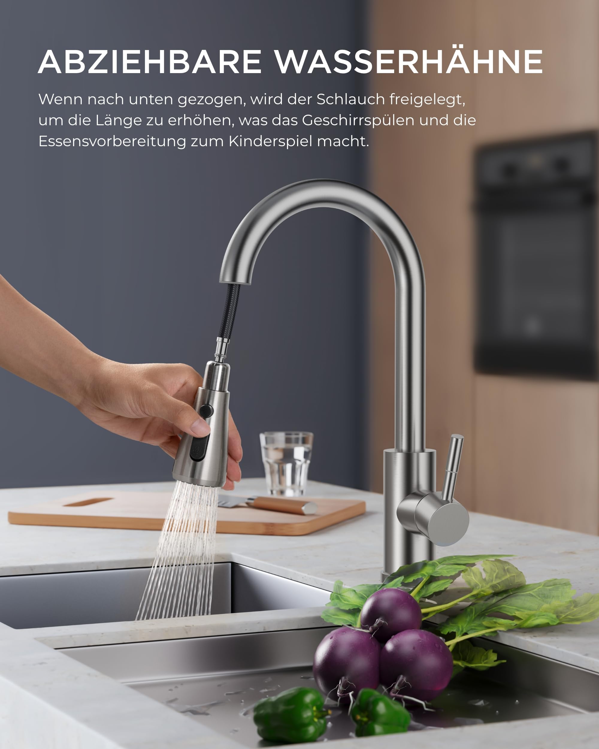 FORIOUS Wasserhahn Küche, Hochdruck Küchenarmatur mit Herausziehbarer Brause Ausziehbar Armatur, Mischbatterie Spültischarmatur, 360° Schwenkbar Zwei Sprühfunktionen, Edelstahl, Standard