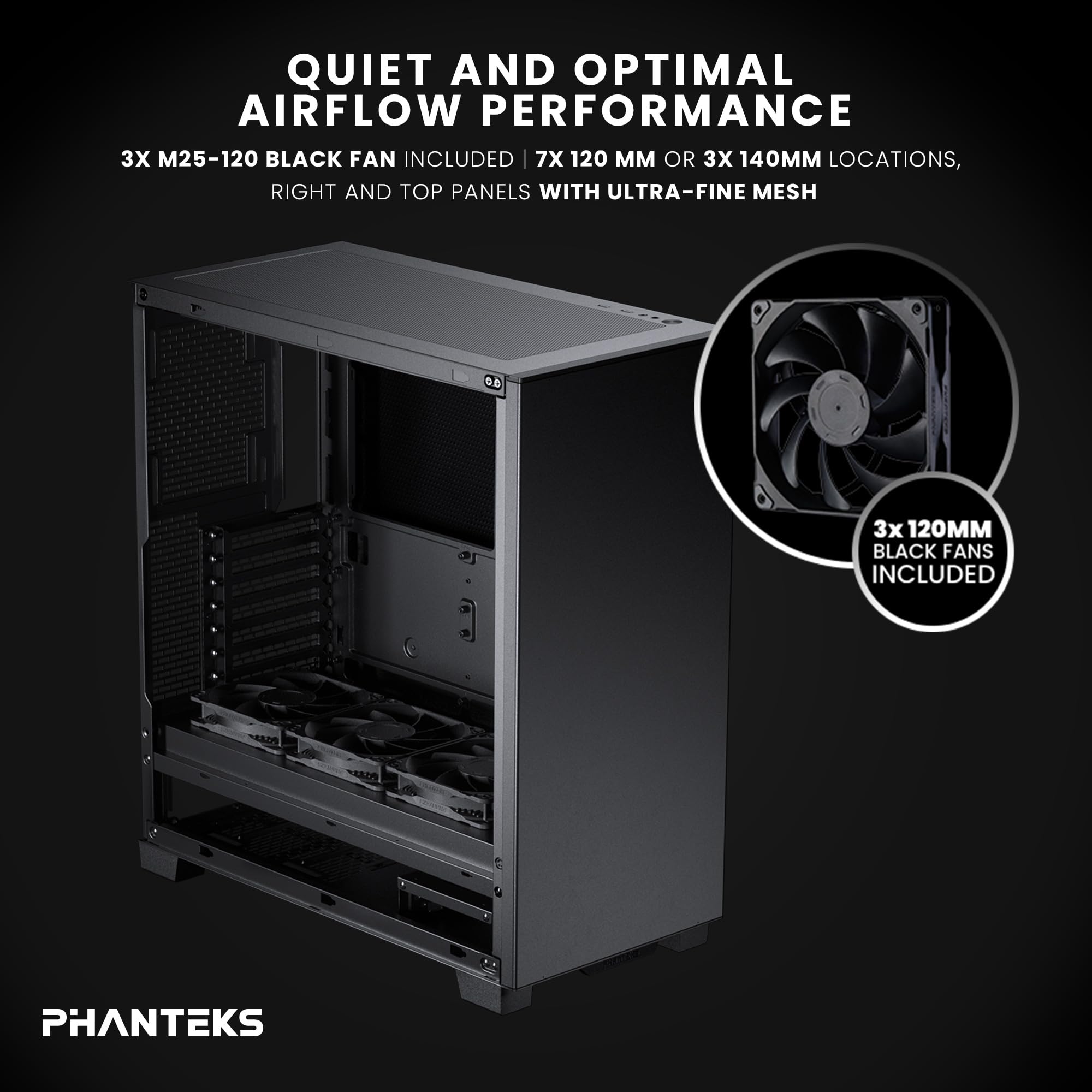 Phanteks XT Pro Silent, Mi-Tower-Spielrahmen, 3 Schwarze M25-120-Lüfter inklusive, geschlossene Panels, USB-C 3.2 Gen2, leises Gehäuse, Schwarz