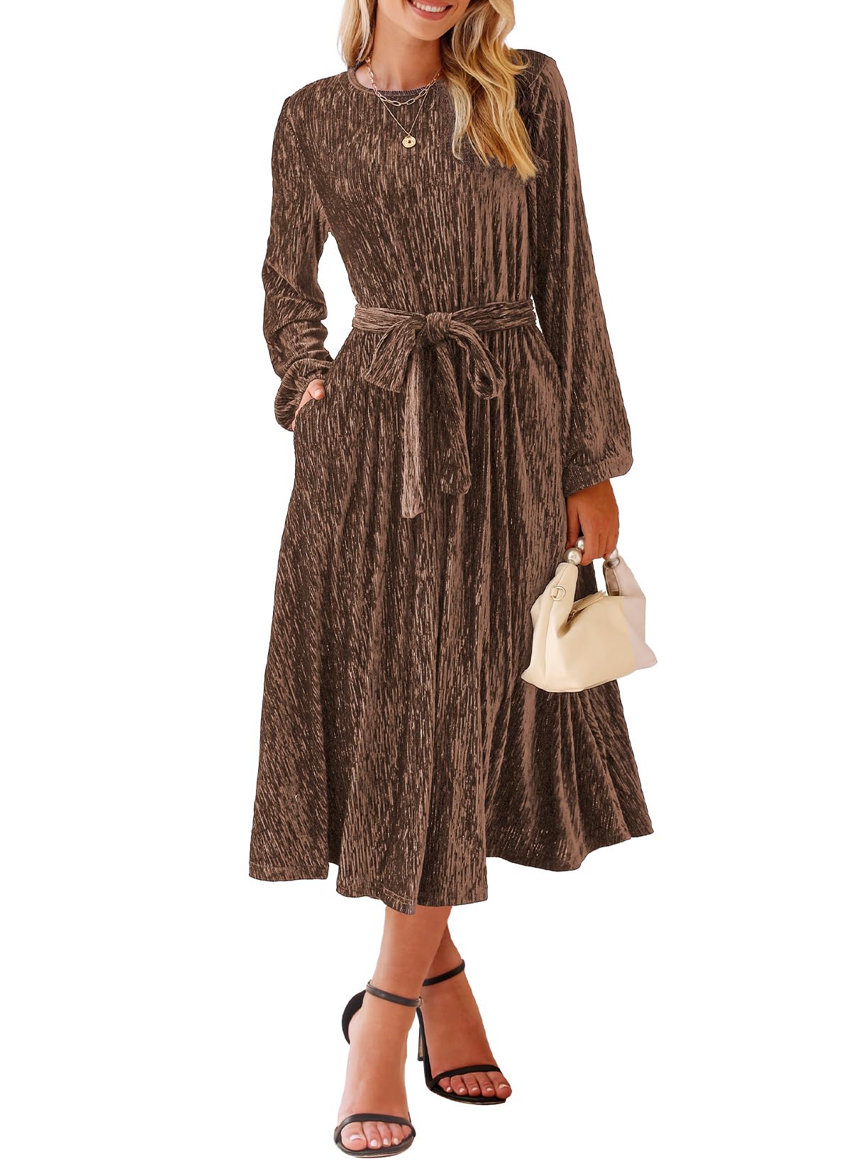 Happy Sailed Womens Velvet Dress Fashion Fall Winter Long Sleeve High Waist A-Line Semi Formal Wedding Guest Dresses