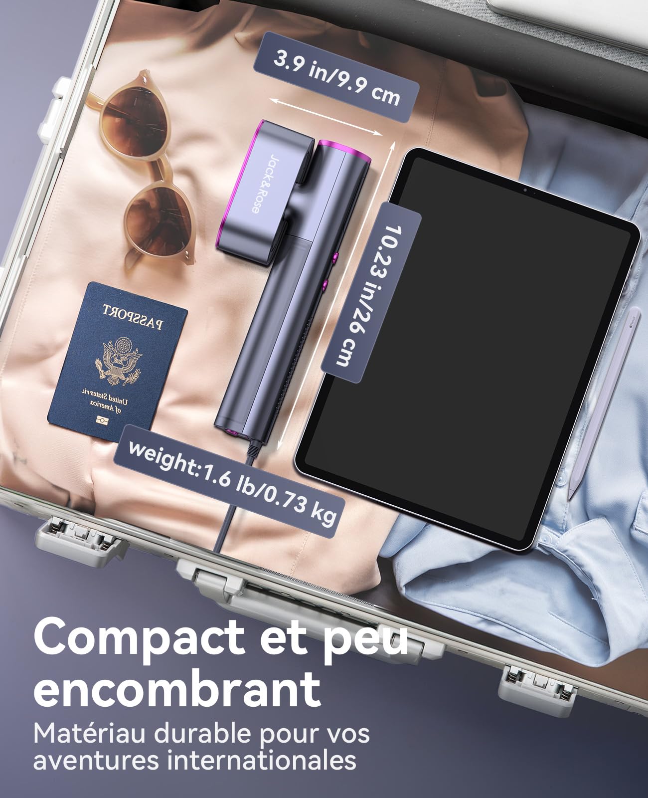 Défroisseur vapeur de voyage, utilisation mondiale(100-240V), 1000W, 22g/min de vapeur Fer à Repasser Vertical, Grand réservoir d'eau de 150 ml, 2 en 1 Steamer Chauffage rapide en 15s pour voyage