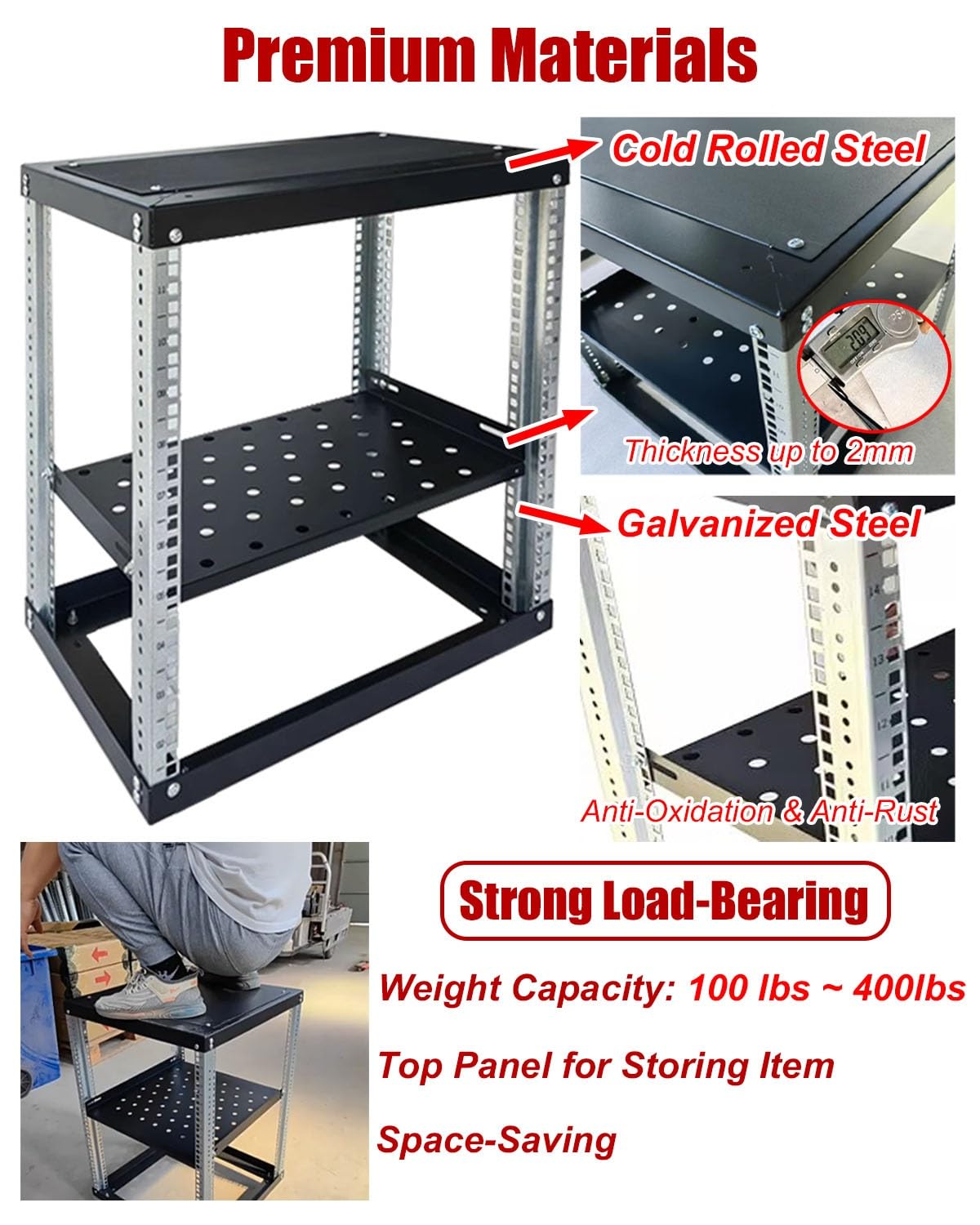 Rack di Rete a Telaio Aperto Rack di Rete a Telaio Aperto 12U con Ripiani Ventilati, Rack in Metallo per Server e Apparecchiature 48 cm, Scaffale per Data Center di Rete(2 tier,D 33.3cm (13 1/8"))