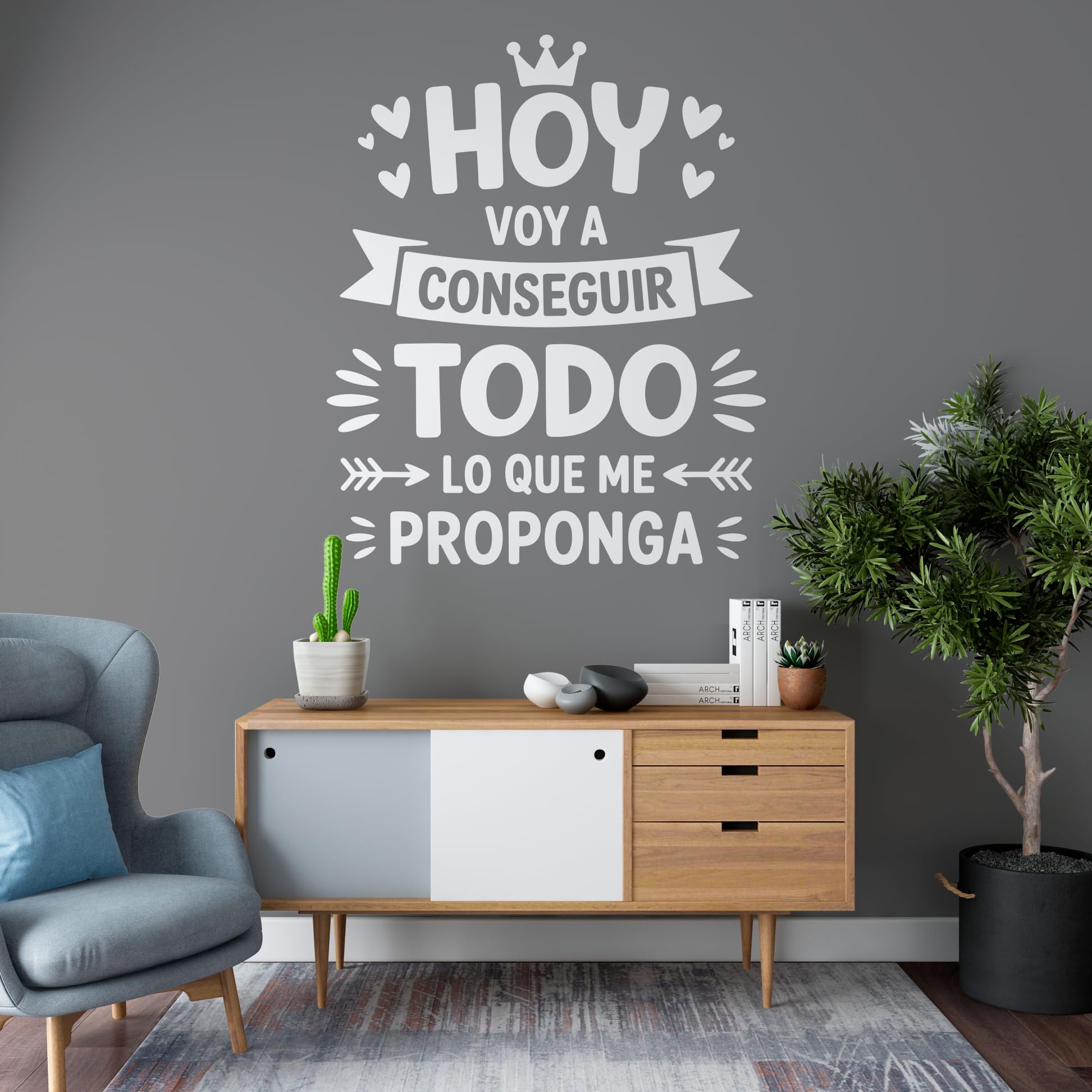 Vinilo Adhesivo Decorativo con Frase Motivadora "Hoy Voy a Conseguir Todo Lo Que Me Proponga", Pegatina Inspiradora para Decorar Hogar, Oficina, Coche o Estudio (Blanco, 140 x 115 cm)