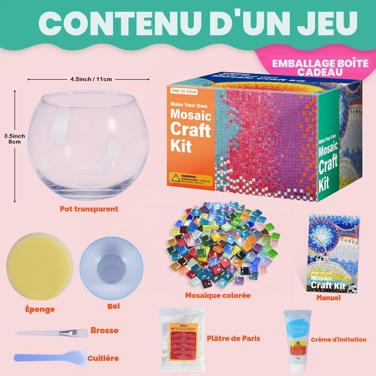ONE TO FOUR Kit créatif de porte-bougie en mosaïque de verre, loisirs créatifs pour enfants et adultes, bougeoir DIY pour décoration de la maison, kit créatif enfant, cadeau fille 7, 8, 9, 10 ans
