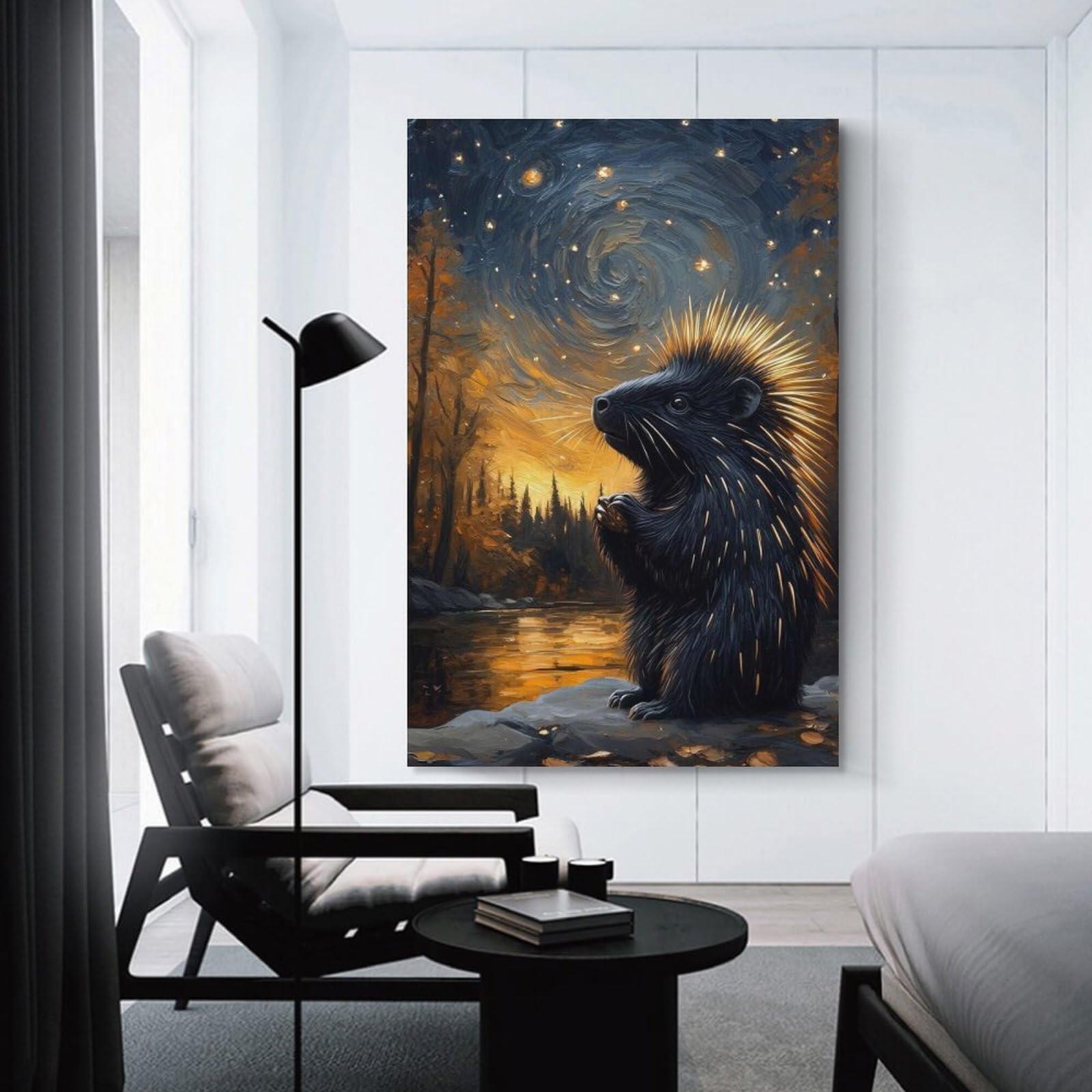 Junmoney Wall Picture Print Porcupine Under Starry Night Sky Painting, 20x30inch(50x75cm), for Wall Displays, Bedrooms Or Room Updates, Wall Decor Suited to Curated Displays
