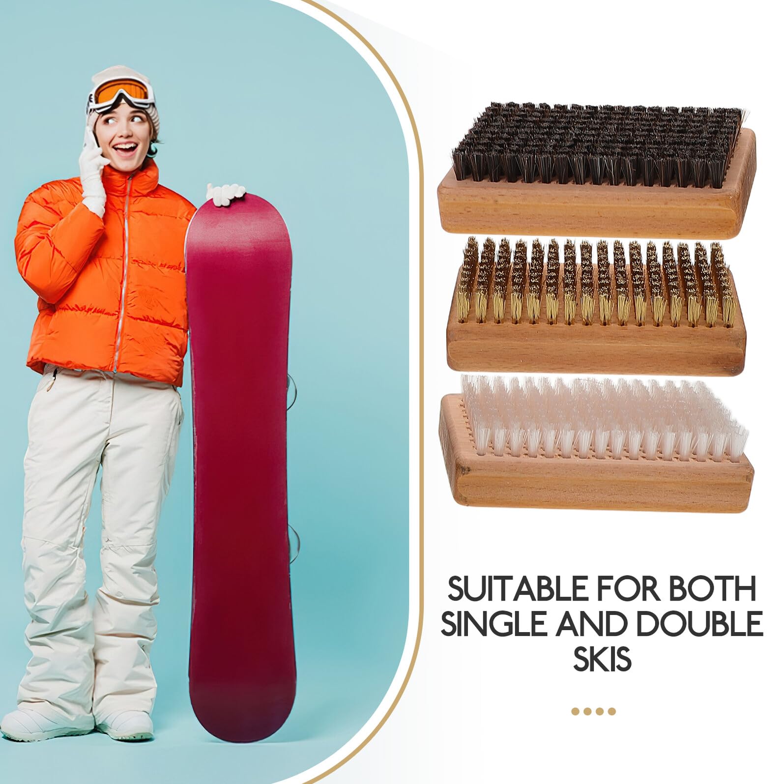 Abaodam Ensemble de 3 Brosses de Ski Manuelle pour Snowboard et Skis, Poils en Cuivre, Nylon et CRIN de Cheval, Kit d'entretien et Polissage, Outil de Cirage pour Planches à roulettes,