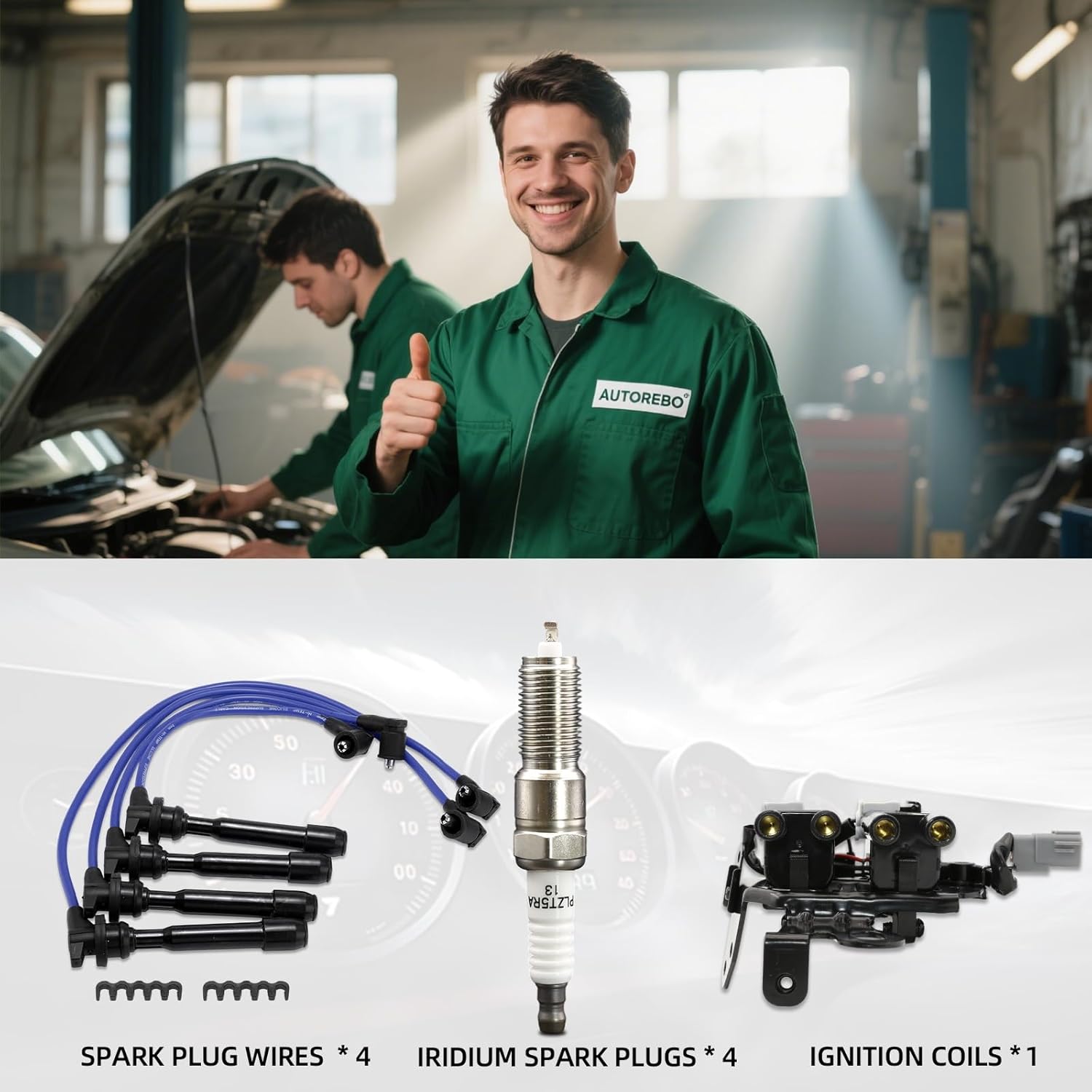 Set of 1 Ignition Coils Pack UF419 27301-23700 with 4 Iridium Spark Plugs and Spark plug Wire Set Compatible with Hyundai Elantra Tucson Tiburon Kia Sportage Spectra Spectra5 L4 2.0L