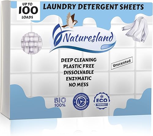 Naturesland Hojas de detergente para ropa ecológicas sin perfume, tiras compactas de 100 cargas, hipoalergénicas, ahorran espacio, perfectas para