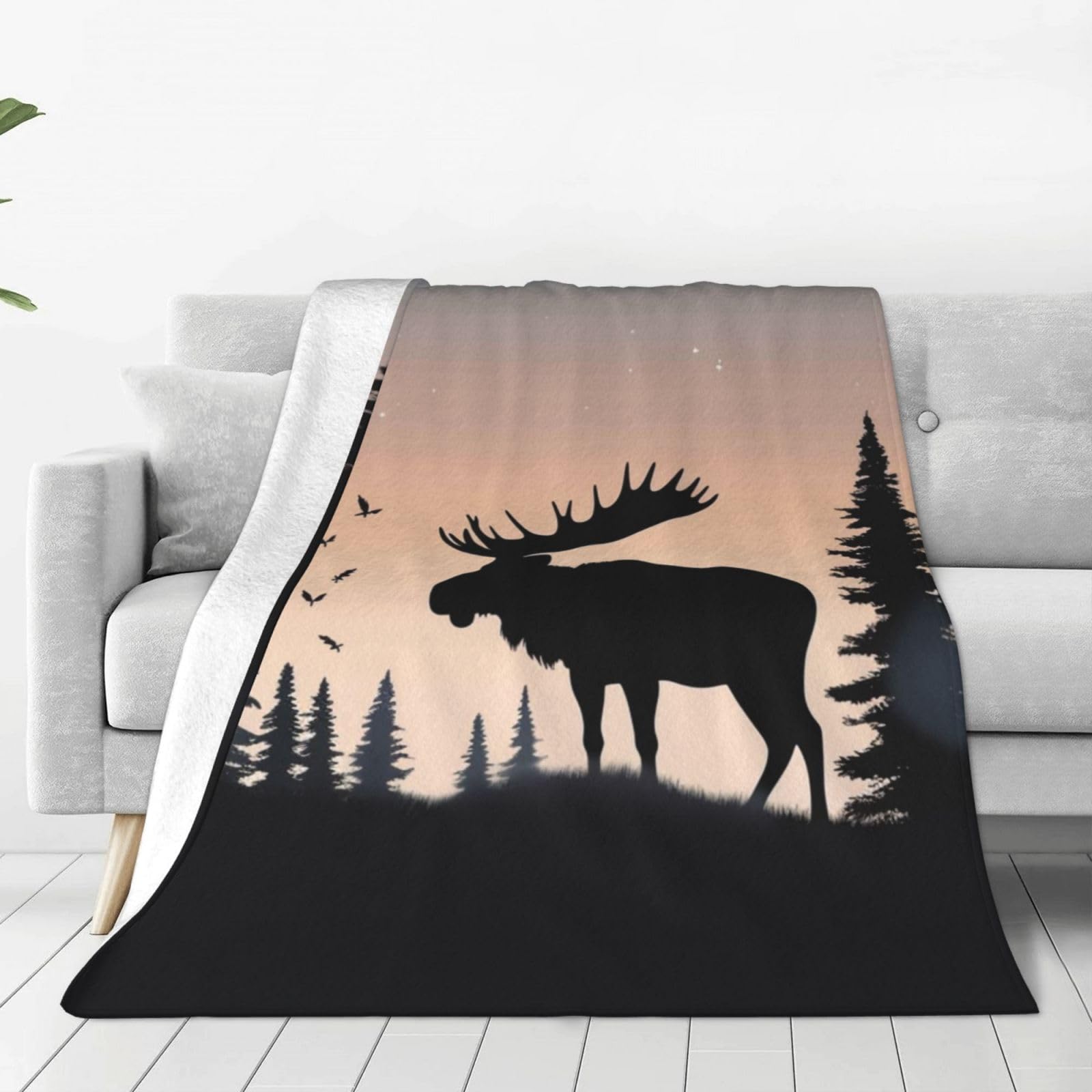 Couverture flanelle contre le froid hivernal motif élan et forêt de pins sauvage