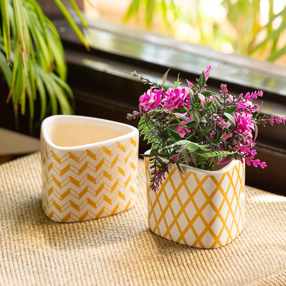 ExclusiveLane Ceramic Flower Pots for Home Decoration 'Plaid Designs