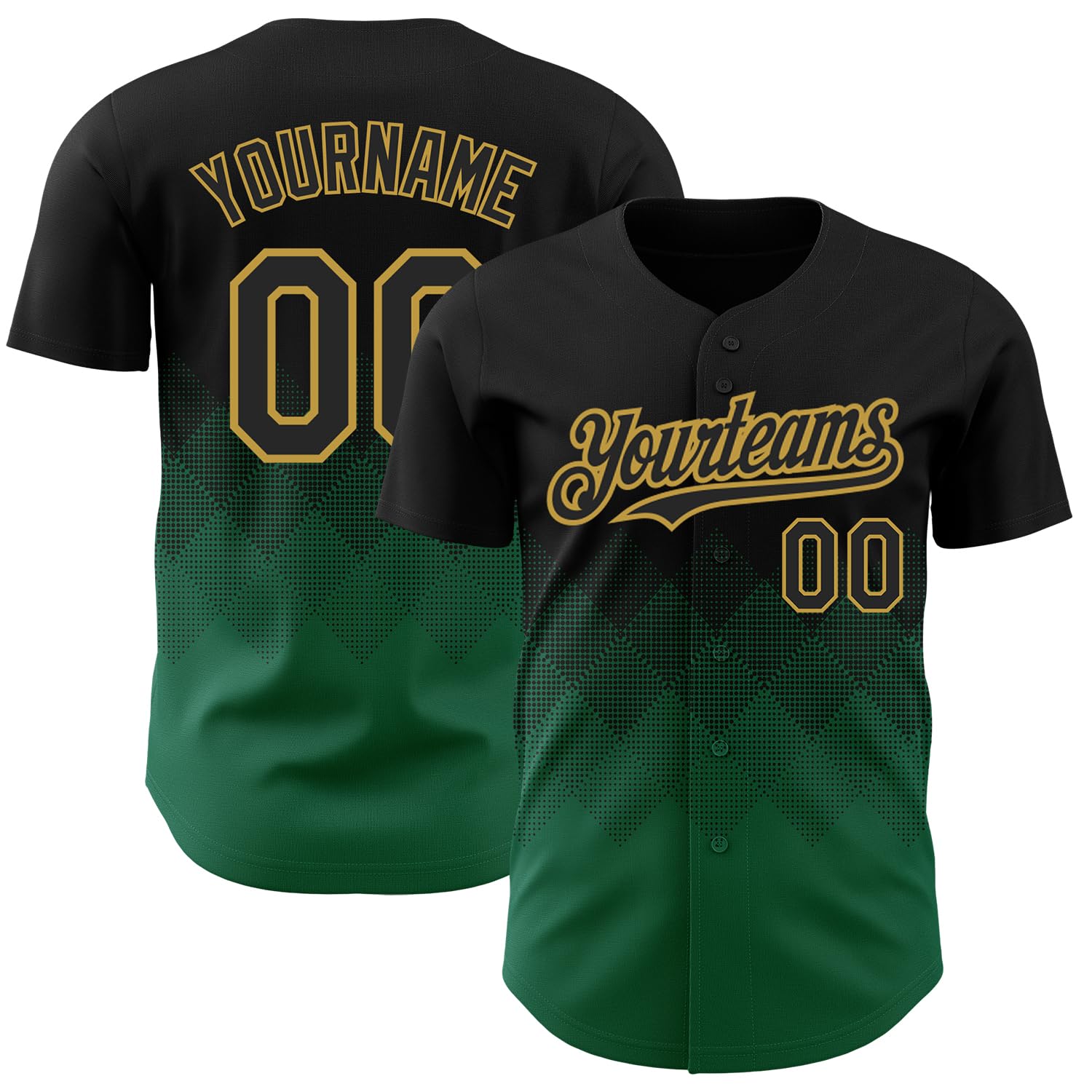 Custom Men Women Baseball Team Jerseys Black Kelly Green and Old Gold Fashion Gradient Softball Shirts Rhombus Pattern, Personalized Full-Button Short Sleeve Sports Practice Uniforms Top for Youth Boy
