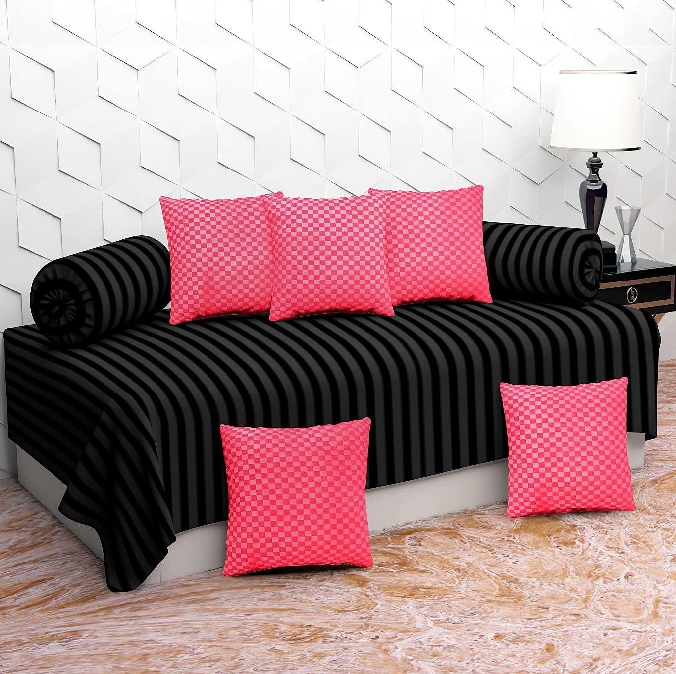 Krishnam Home Polycotton 8 Pcs Diwan Set (1 Satin Stripe Single Bedsheet, 2 Bolster Covers, 5 Cushion Covers) (Black-Red)-image-41