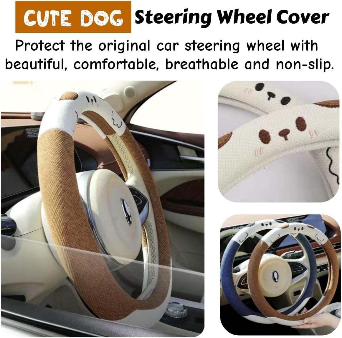 15 Inches Universal Round Car Steering Wheel Cover, Cute Dog Animal Soft Breathable Non-Slip Steering Wheel Protector Wrap (Chocolate)