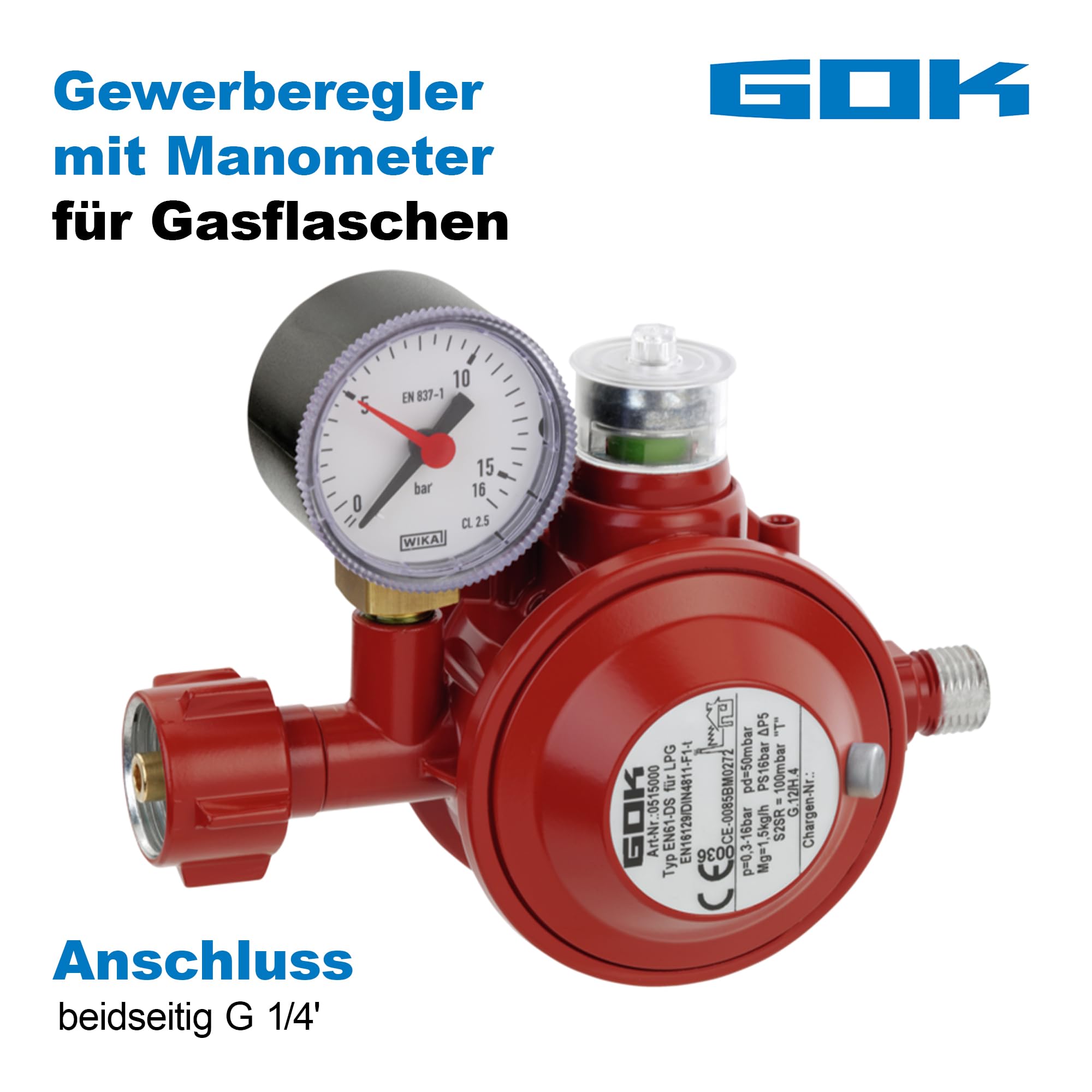 GOK Anschlussset Pro, Set aus Gasdruckminderer, Gasanschlussschlauch 1m und Abdichtungsband, für den direkten Anschluss von Geräten an die Gasflasche, Betriebsdruck:50 mbar