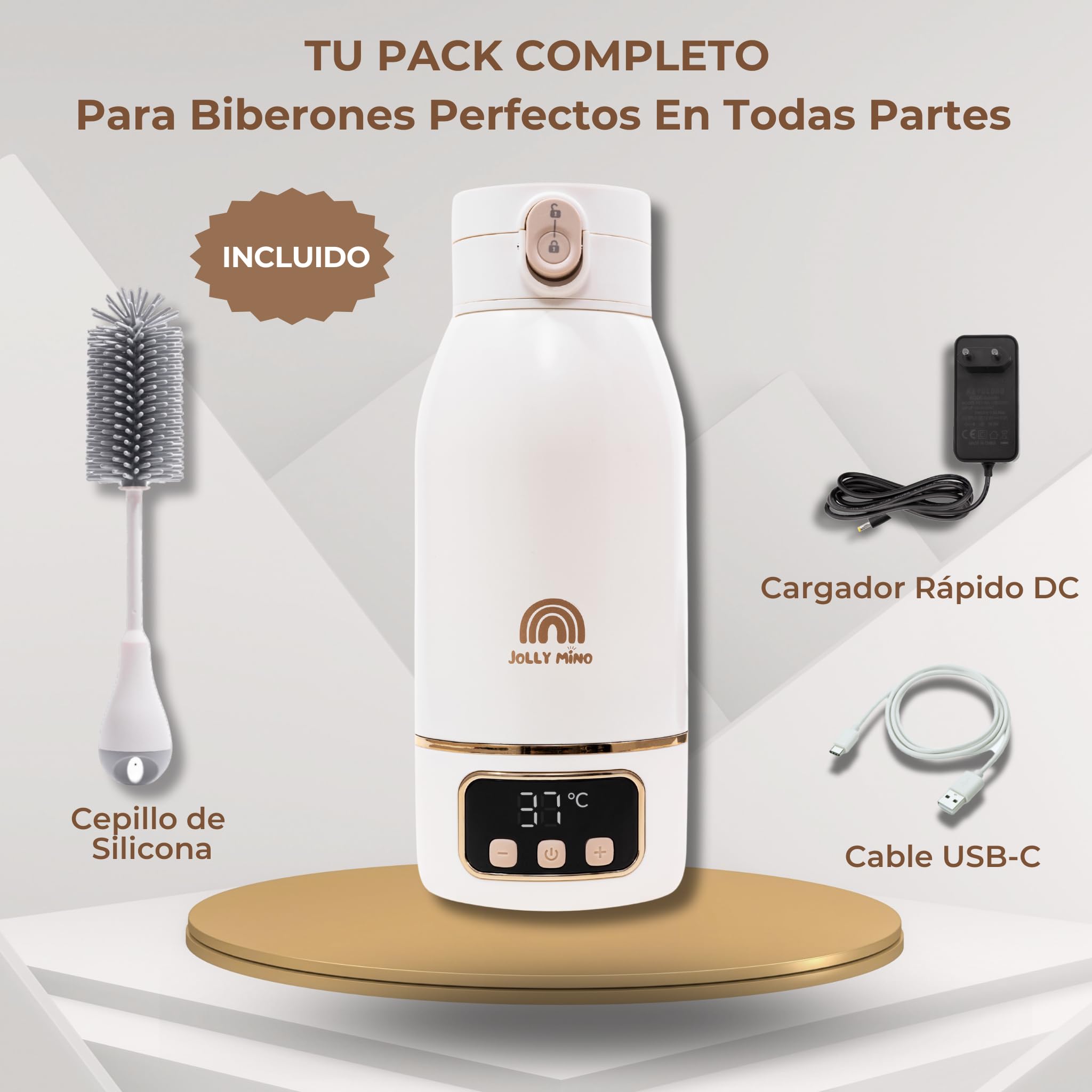 Calentador de Biberones Portátil Sin Cable 500ml, Acero Inox, Calienta Agua y Leche Materna, Auto-Pasteurización, Viaje Coche Noche, Cepillo de Silicona Incluido