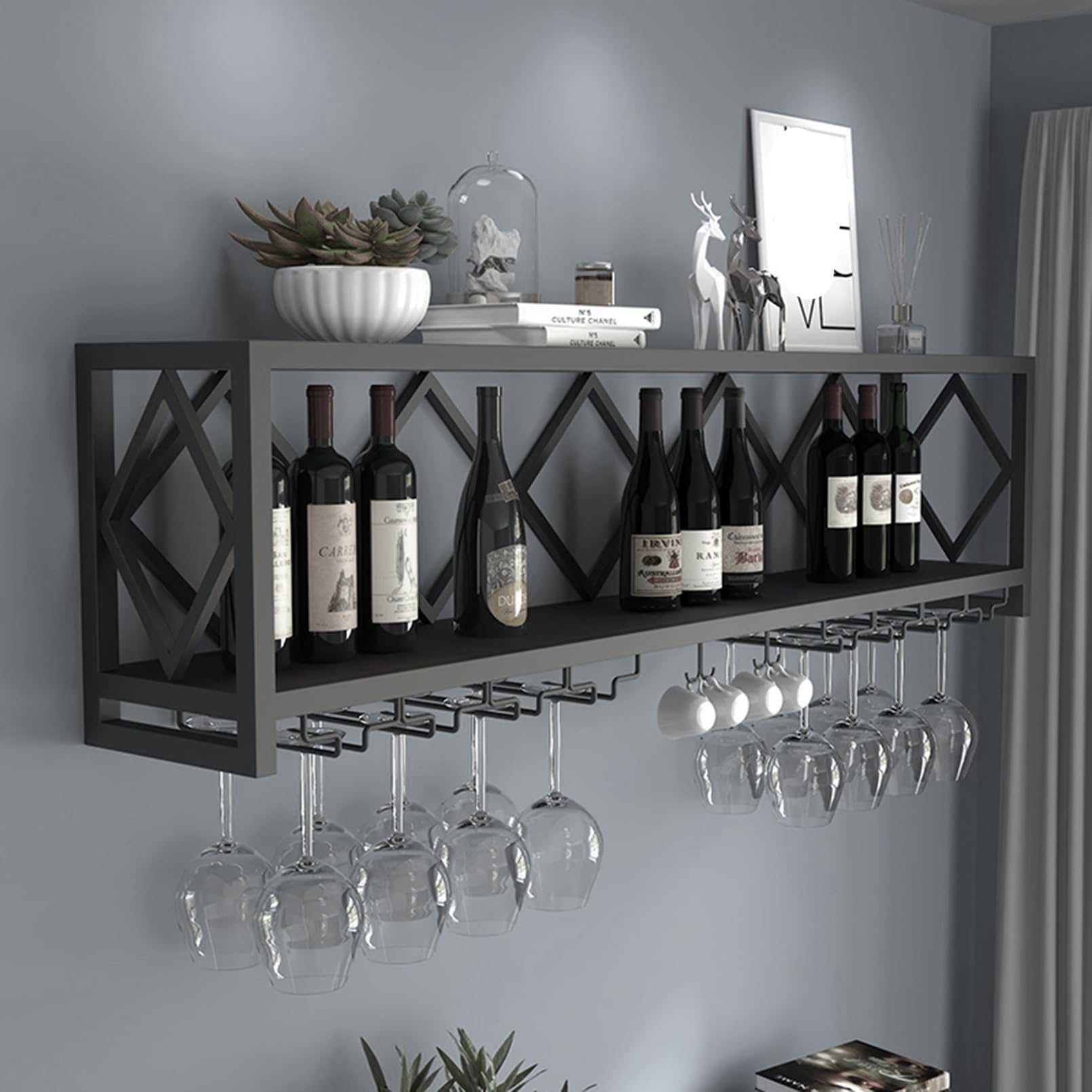 Casier à vin mural moderne 2 niveaux avec support de verres suspendus pour bar