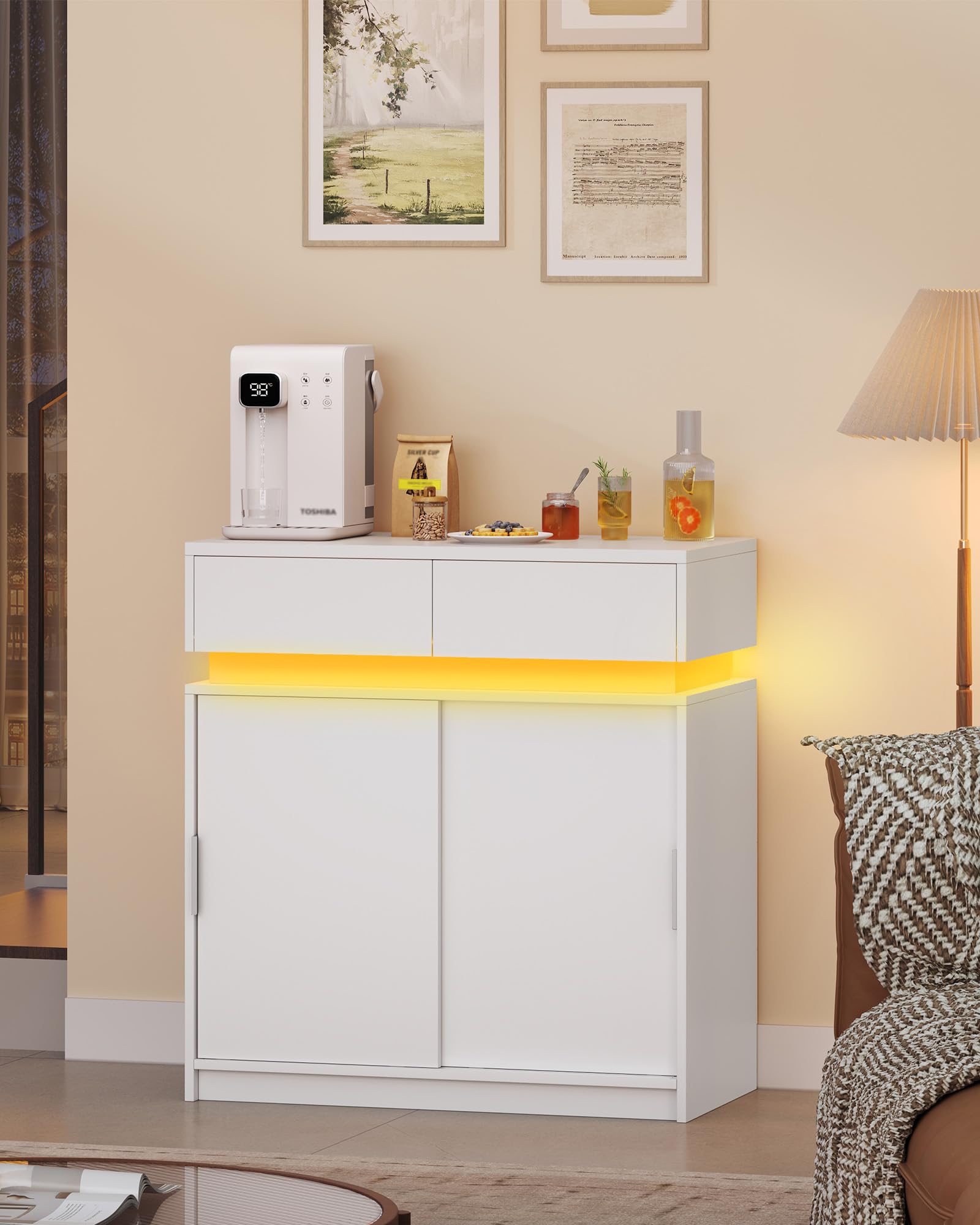 Hzuaneri Aparador, Armario de Cocina con 2 Puertas Corredizas, 2 Cajones, Regleta y Tira de Luces LED, Estantes Ajustables, Estilo Moderno, para Cocina o Salón, 40 x 80 x 85 cm, Blanco SC00203XEU