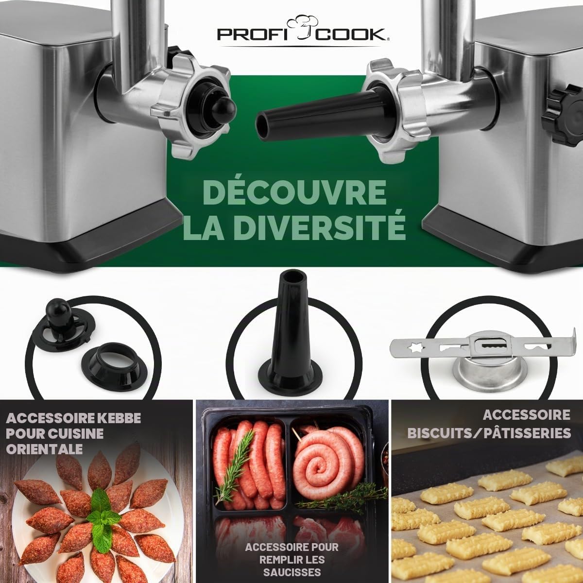 Profi Cook PC-FW 1272 Hachoir à viande électrique 1200 W avec embout pour biscuits/pâtisseries pulvérisées | 3 disques perforés en métal | marche avant et arrière | avec remplissage à saucisses | cou