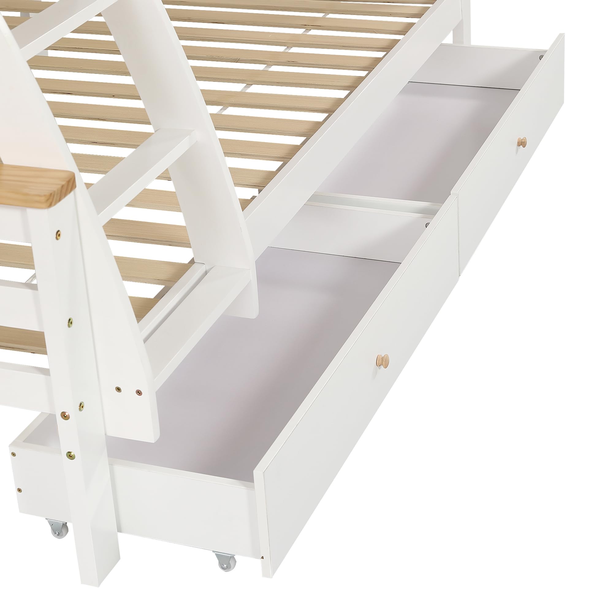 Litera, cuna, dos cajones con ruedas, exquisita barandilla decorativa y diseño de techo, escalera inclinada de cuatro pisos, pino + MDF, blanco + natural, 90 x 200 cm y 120 x 200 cm