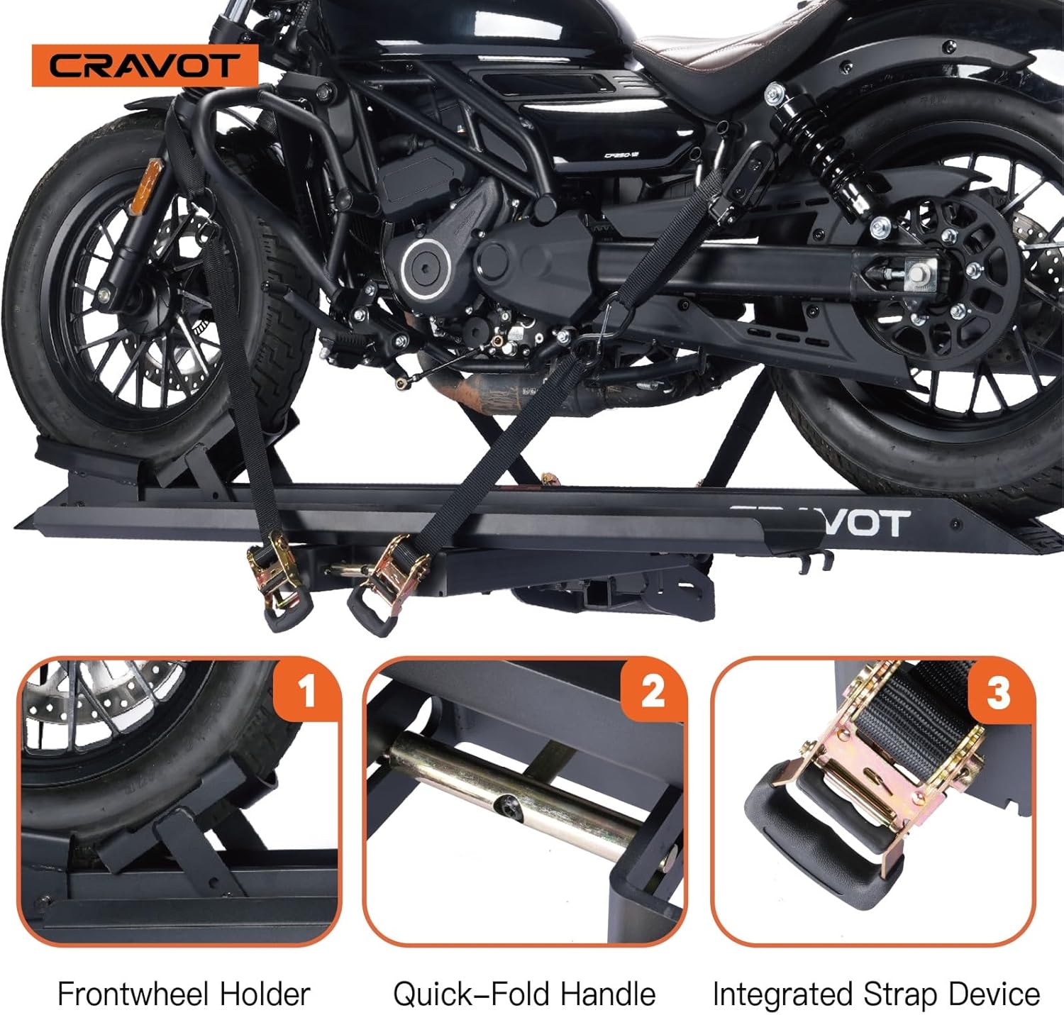 CRAVOT Motorack M1 Max Motorcycle Hitch Carrier with Ramp, 660 lbs Capacity Motorbike Carrier, Foldable Hauler Hitch Mount Rack Anti-Rattle Up to 6-inch Fat Tire 2" Receiver