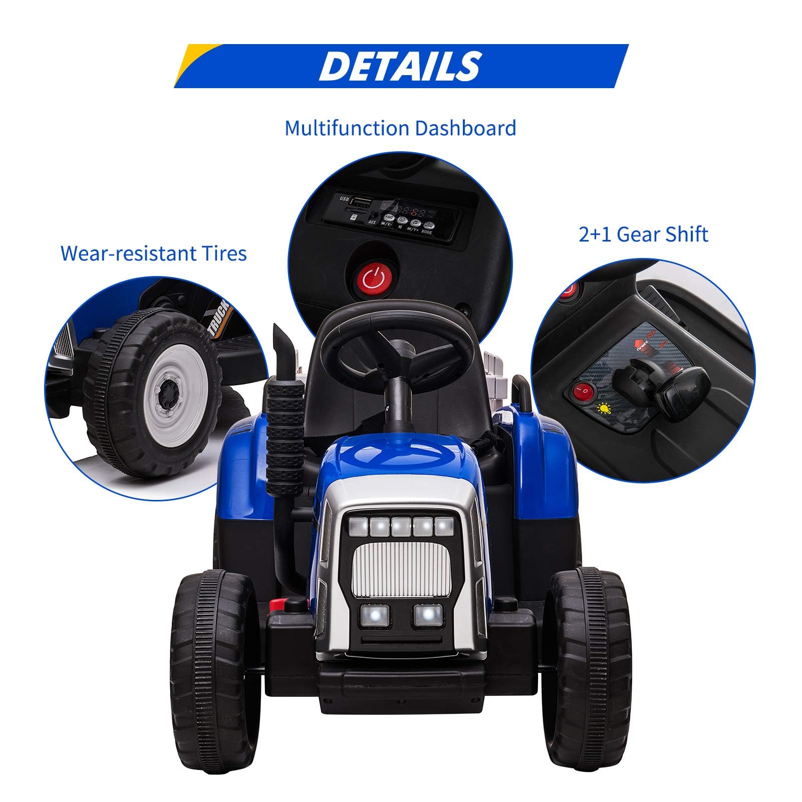 Tracteur Électrique Enfant avec Remorque Amovible, Voiture Électrique 35W Moteur Double, Télécommande Parentale, LED, Musique, 3 Vitesses, Bleu