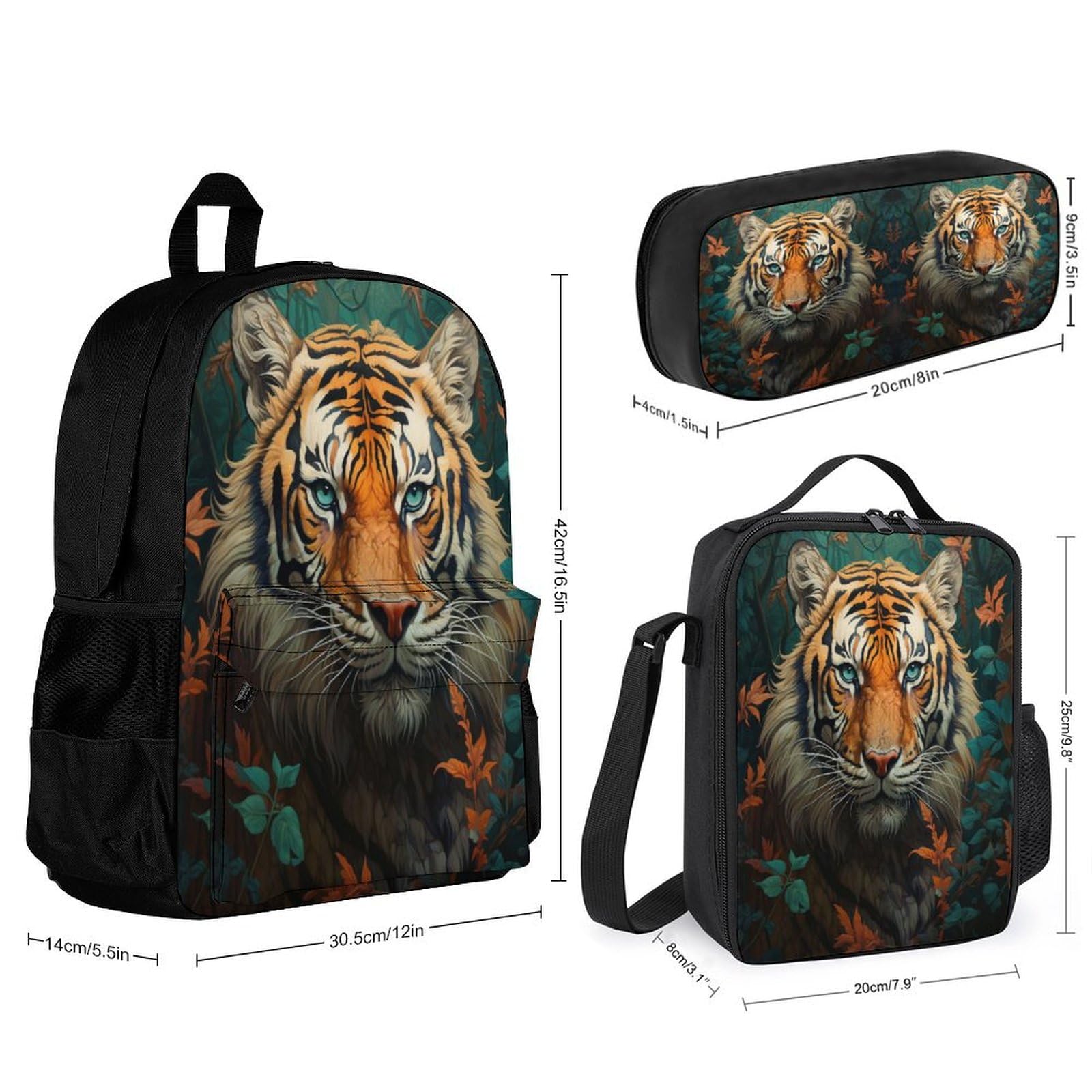 Sac Tigre Personnalisé avec Boîte à Déjeuner et Trousse à Crayons, Lot de 3 Sacs d'école Animal Thème, Sacs avec Boîte à Déjeuner
